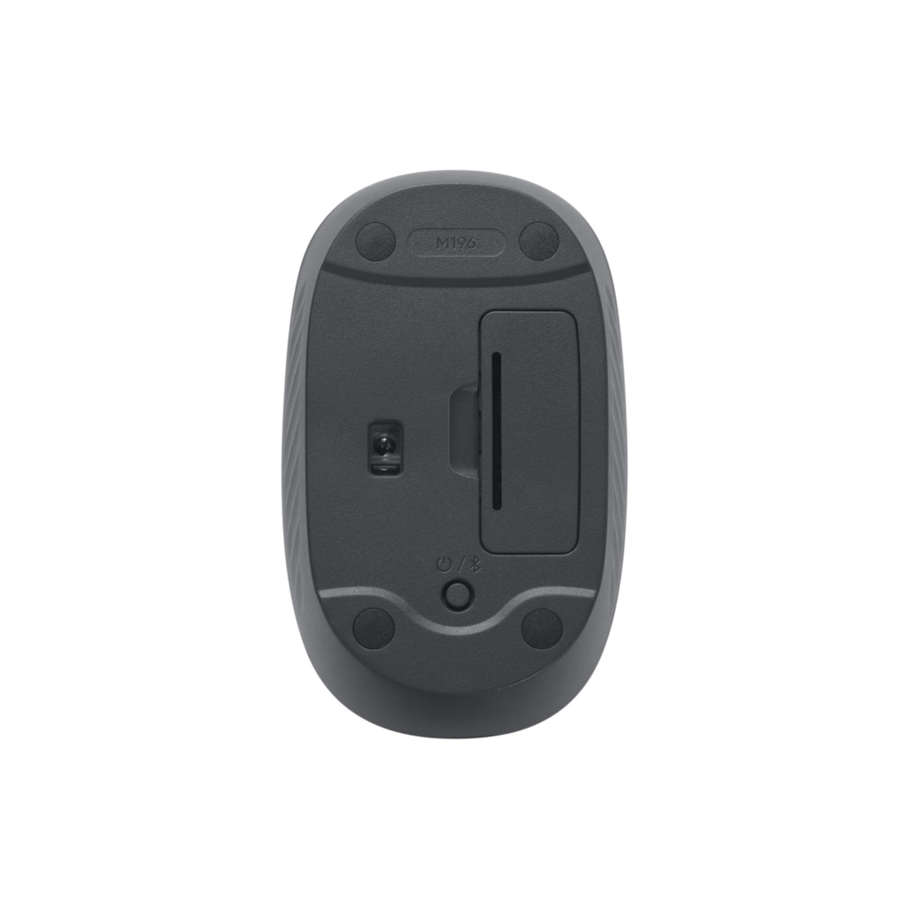Underside of a gray computer mouse with model number M196.