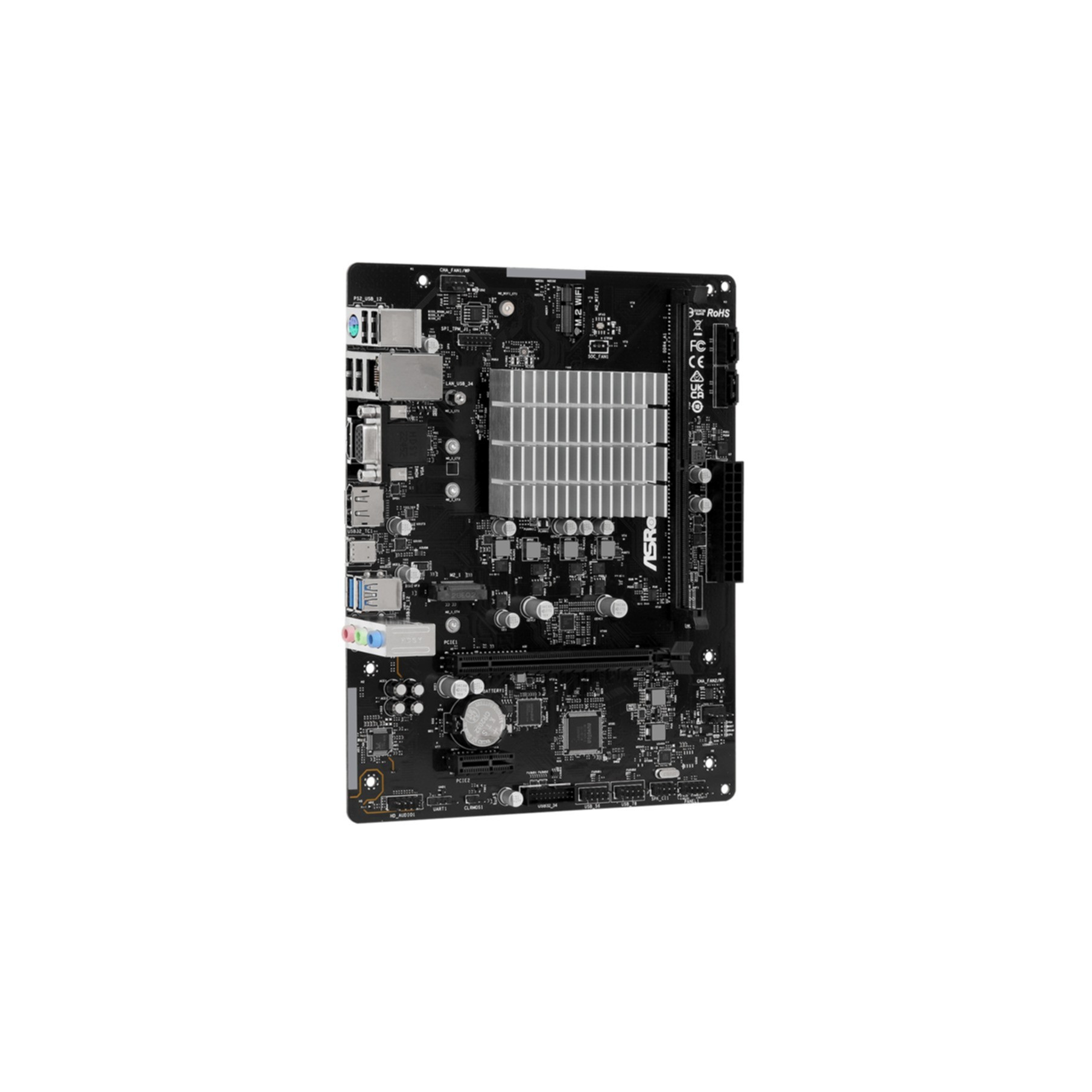 Scheda madre nera con dissipatori e porte, logo ASRock.