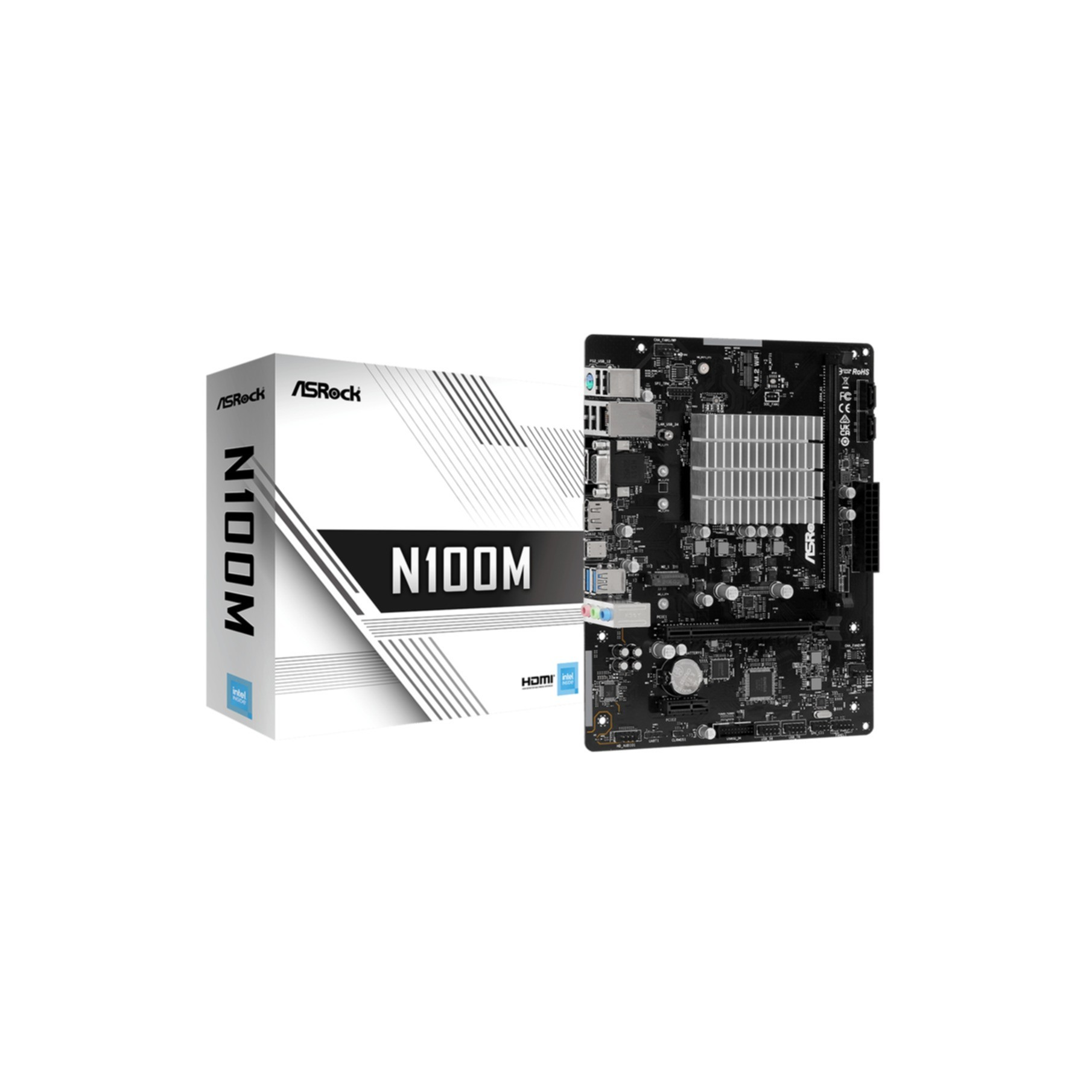 Scheda madre ASRock N100M e scatola su sfondo bianco.