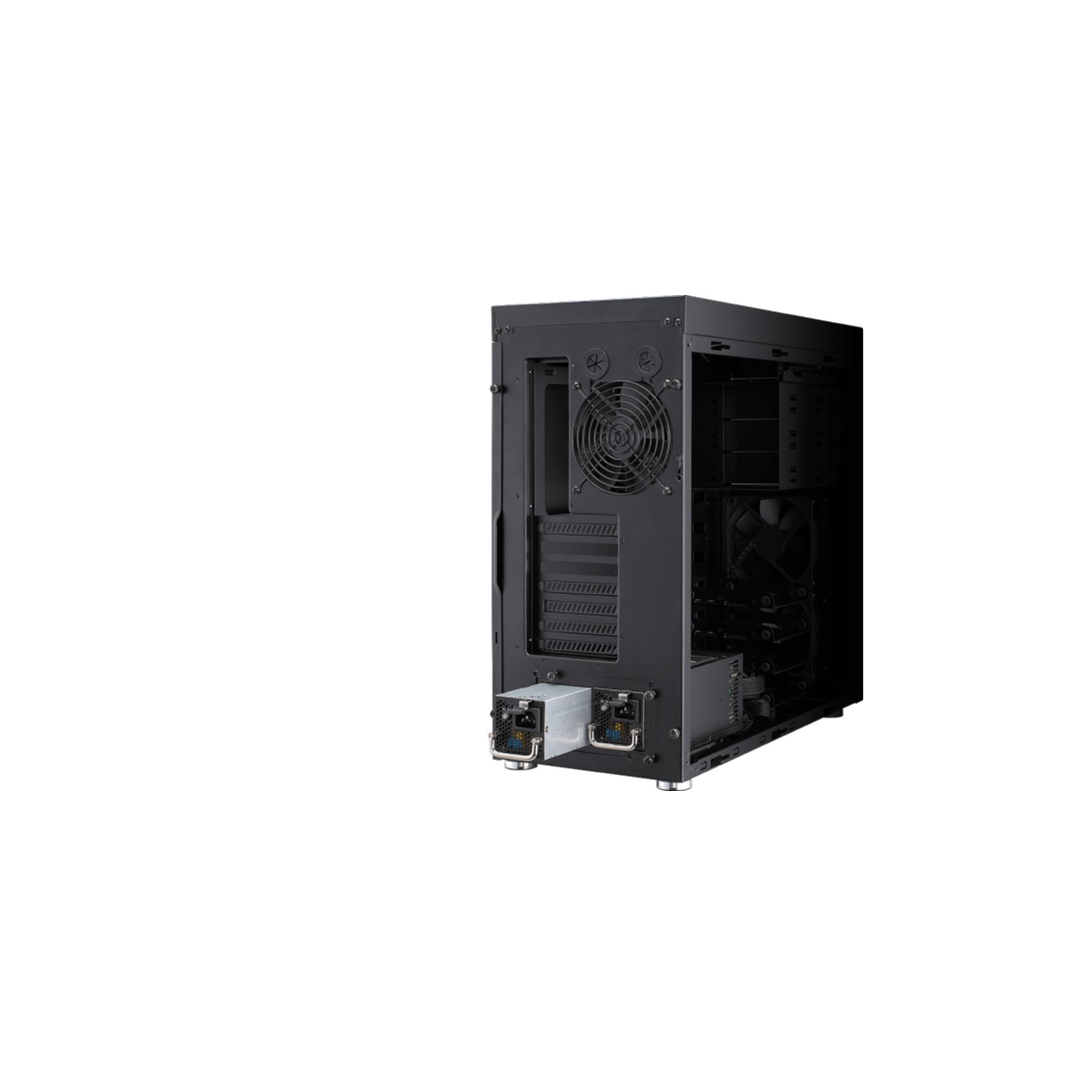 Zwarte computertoren met zichtbare ventilatoren, voedingen en interne componenten.