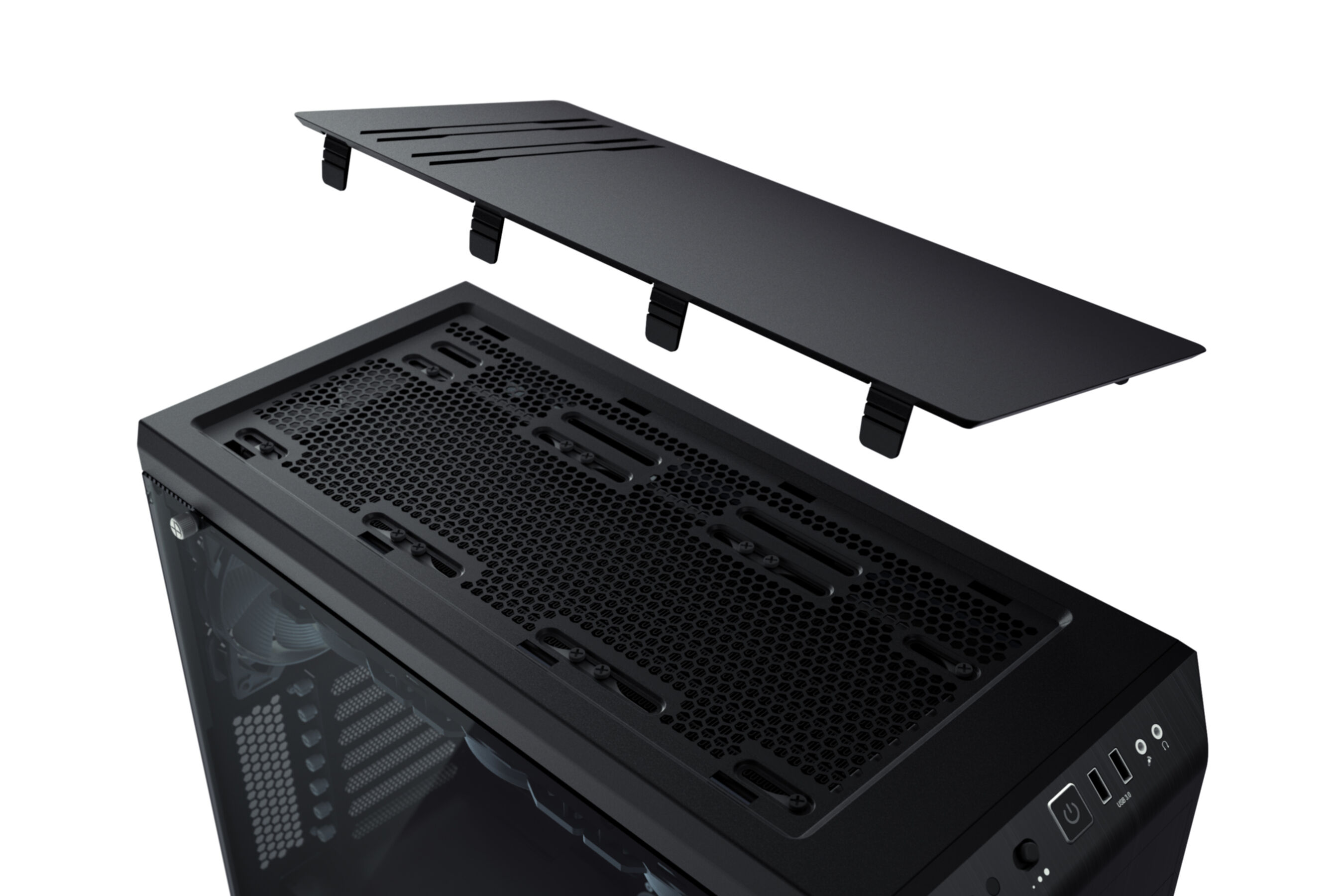 Czarny panel górny obudowy PC z otworami wentylacyjnymi jest zdejmowany.