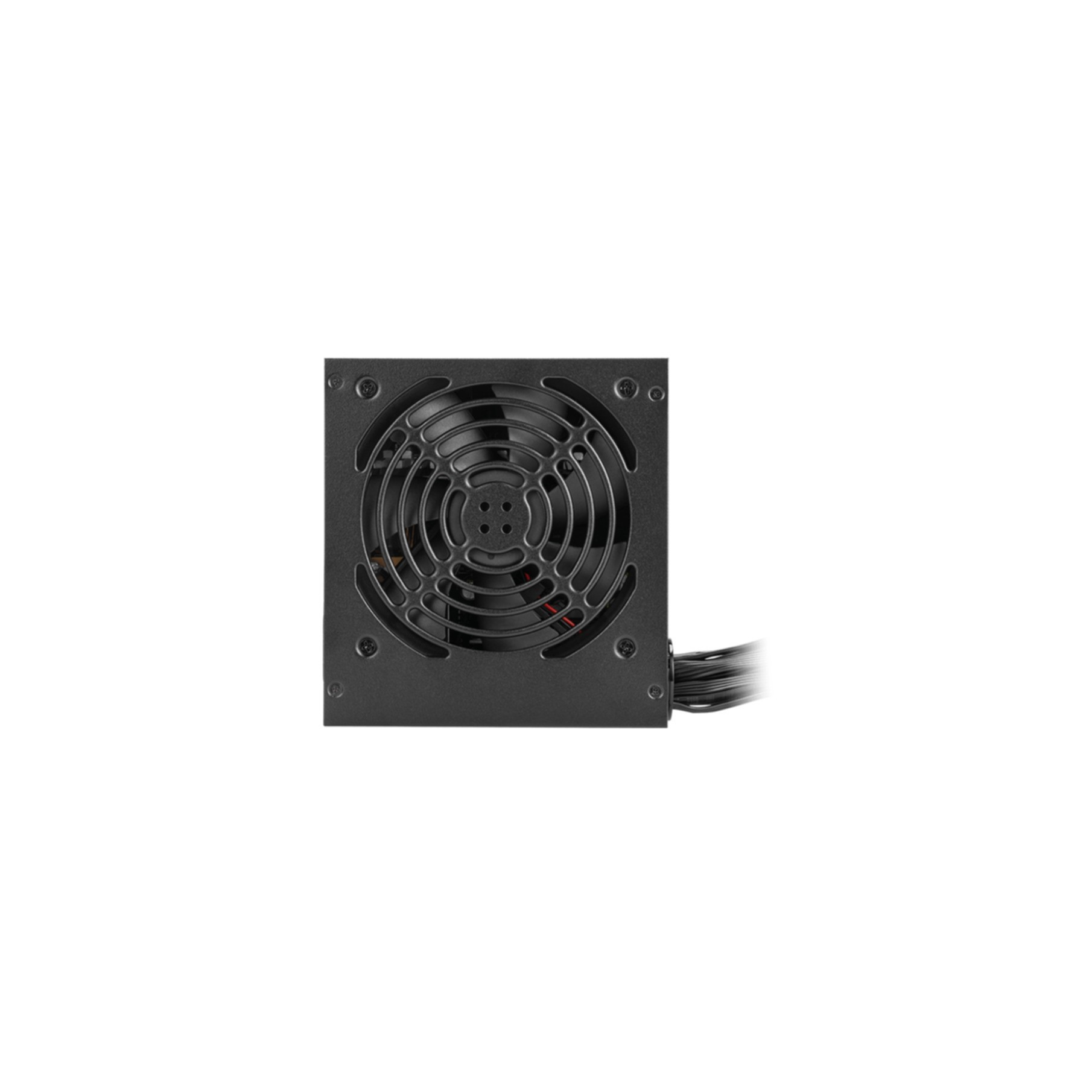 Black computer power supply unit with fan grille and cables.