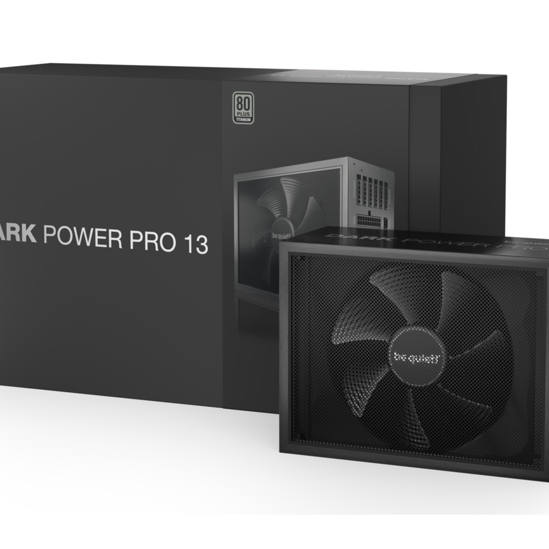 Czarny zasilacz z wentylatorem i pudełkiem. Napis 'DARK POWER PRO 13'.
