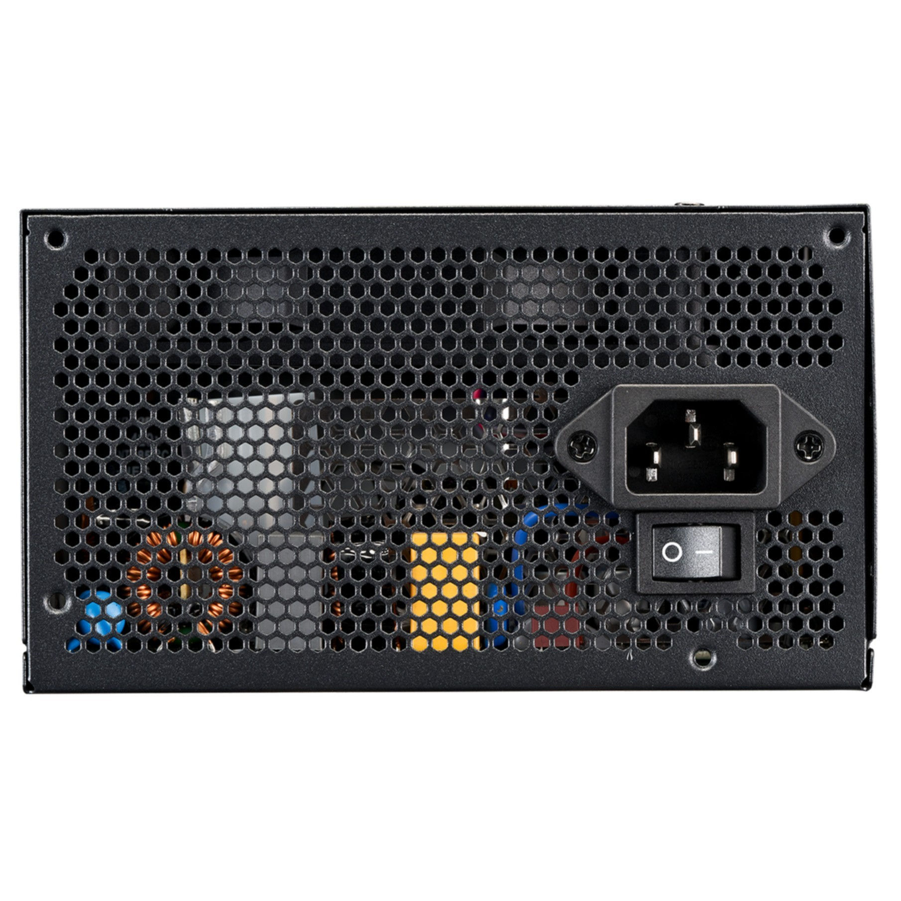 Czarny zasilacz z kratką wentylatora, włącznikiem i złączem.