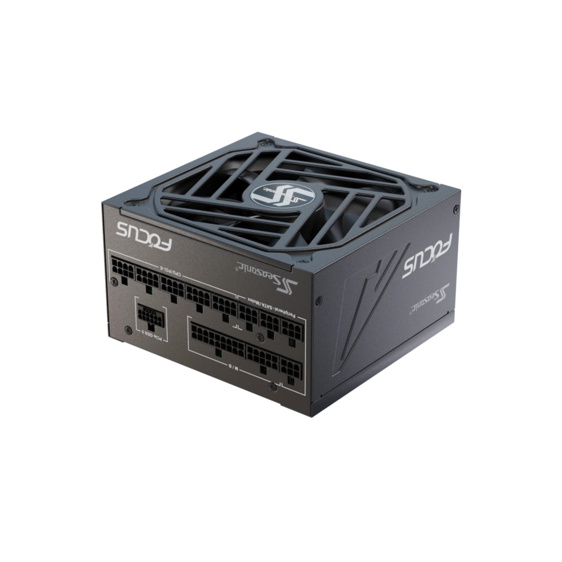 Czarny zasilacz z kratką wentylatora i złączami. Oznaczony 'Seasonic FOCUS'.