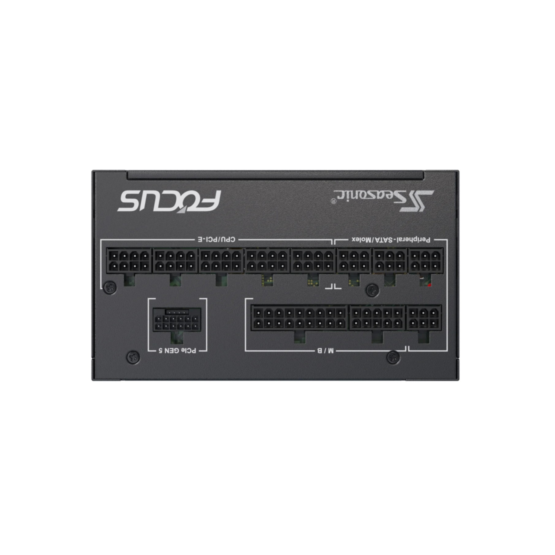 Czarny zasilacz z portami CPU/PCI-E, M/B, SATA/Molex i PCIe GEN 5.