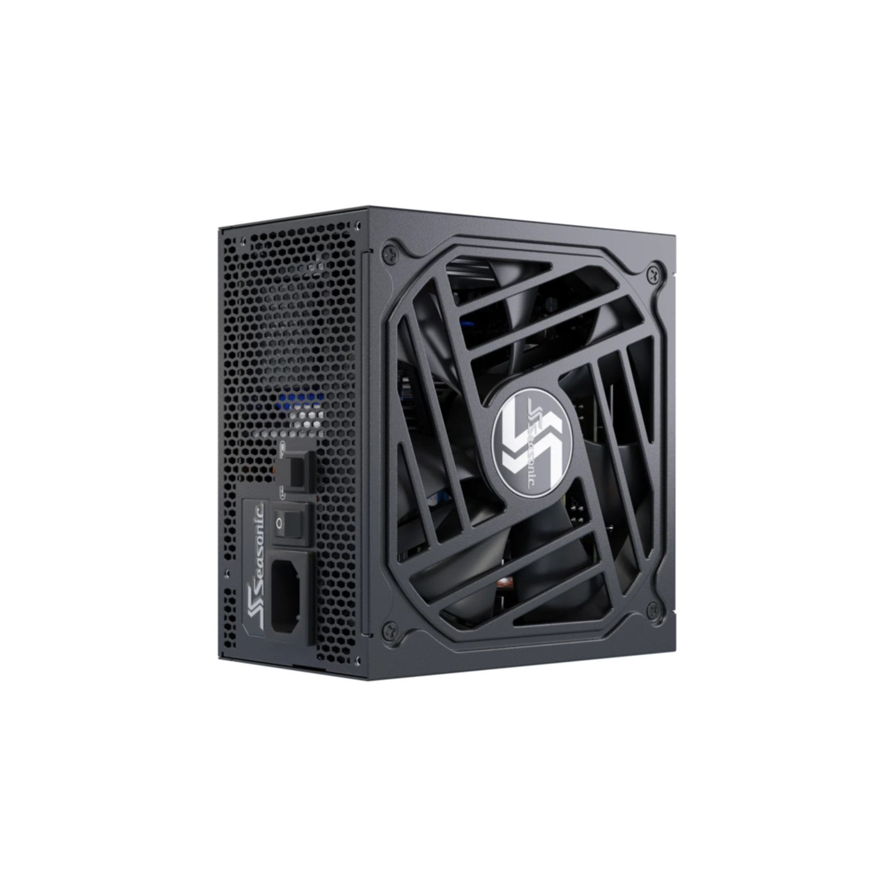 Czarny zasilacz z kratką wentylatora i logo.