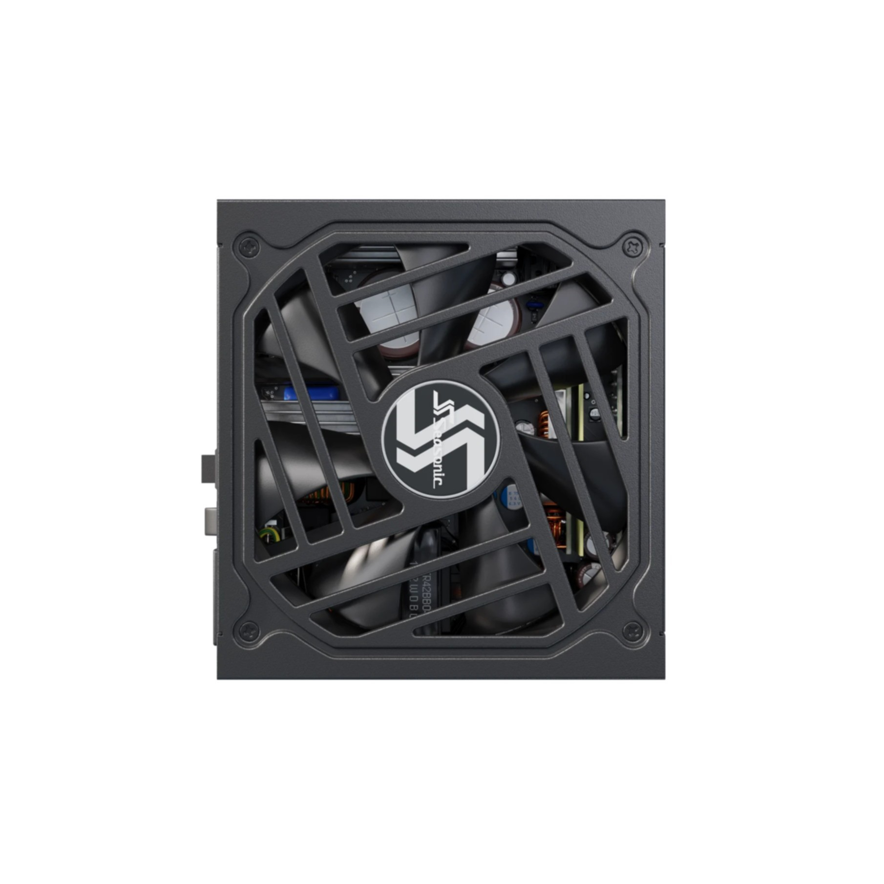 Czarny zasilacz z wentylatorem i logo. Widok wewnętrzny.