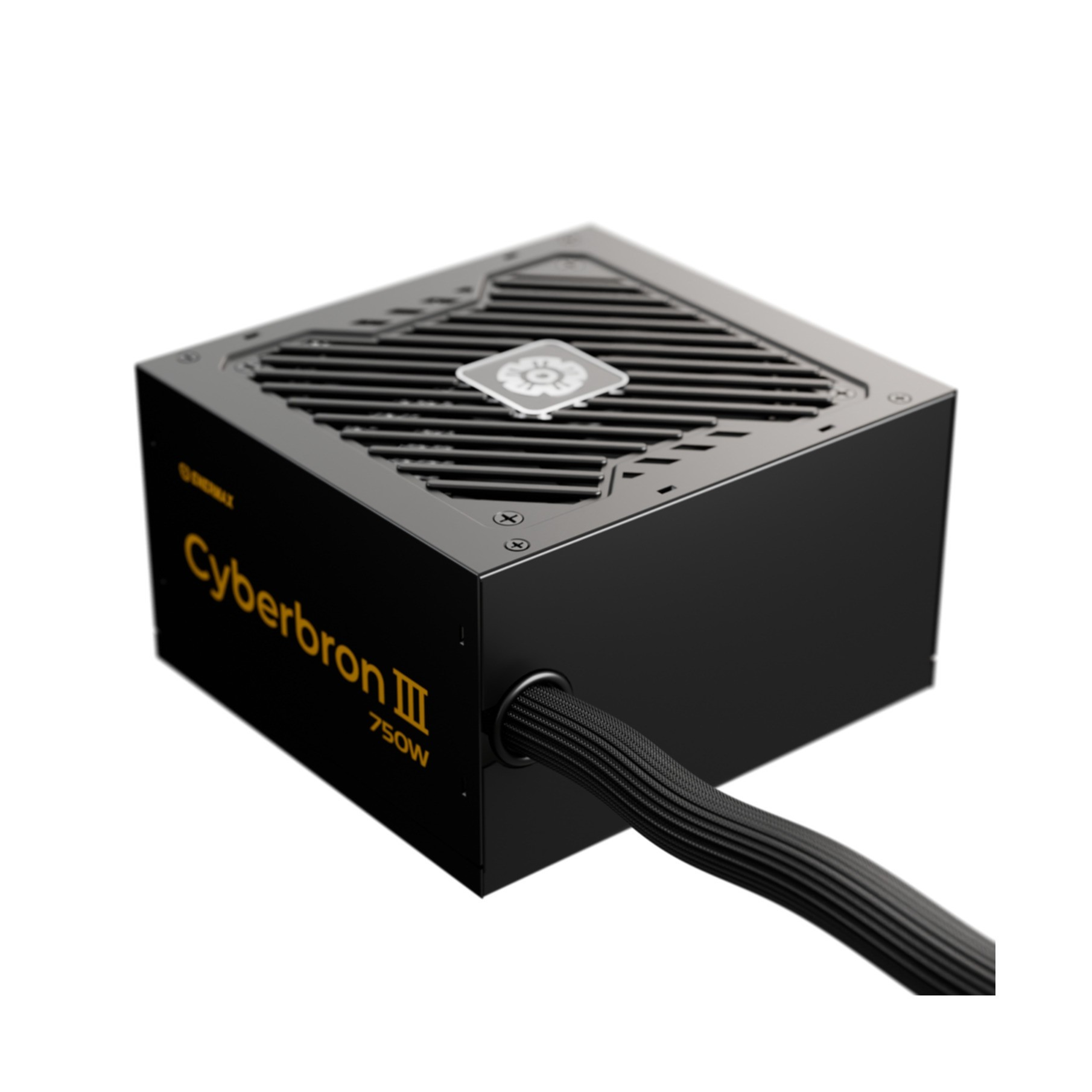 Black power supply unit with "Cyberbron III 750W" text and fan grille.