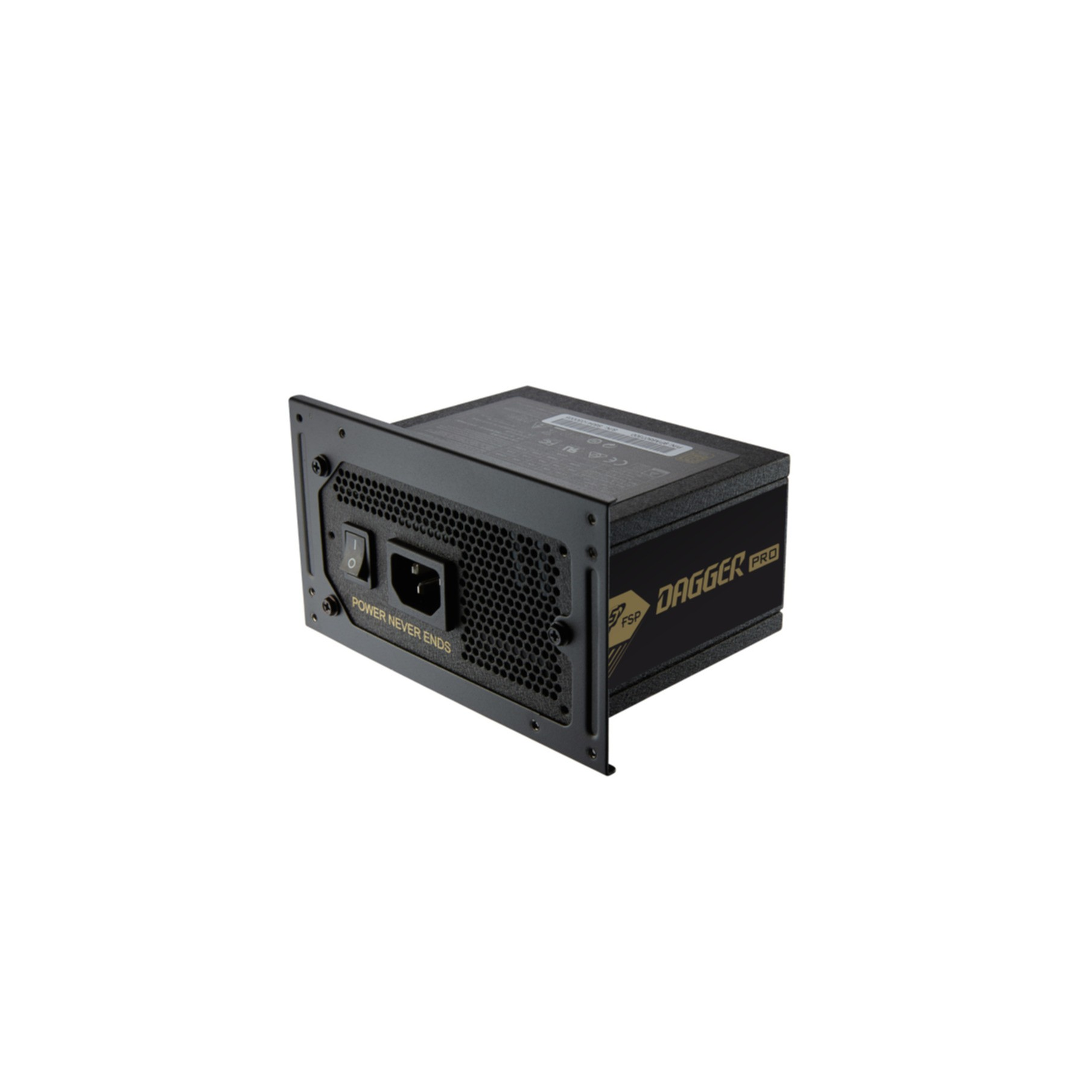 Een zwarte voedingseenheid met gouden belettering, een schakelaar en een connector.