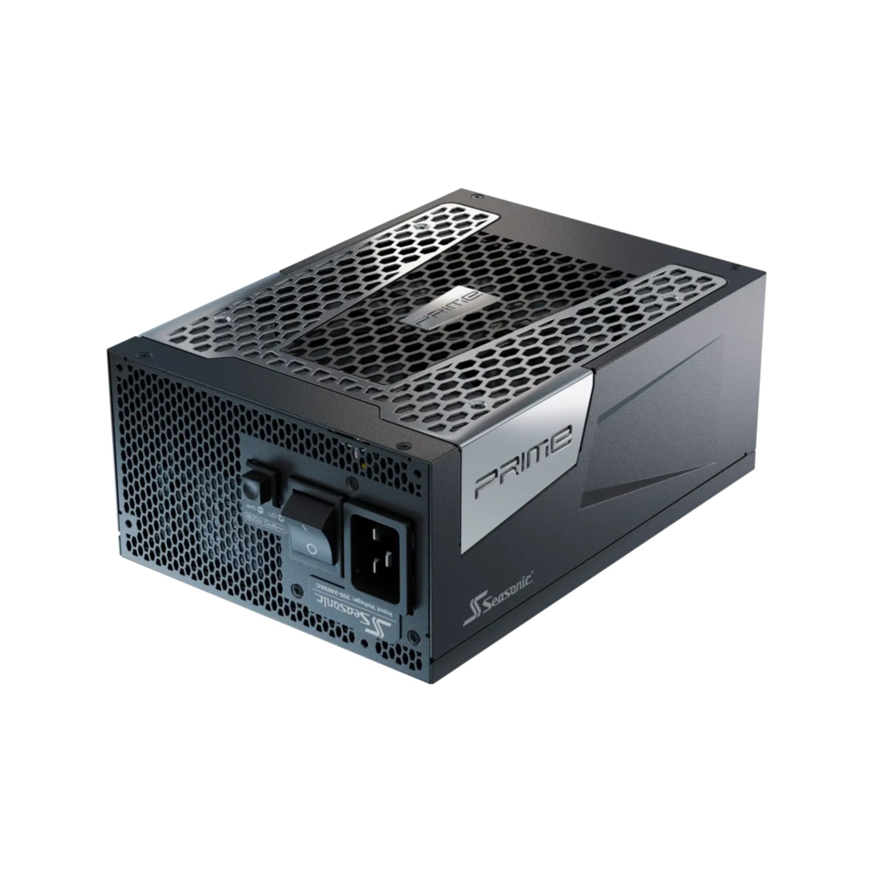 Czarny zasilacz z otworami wentylacyjnymi o strukturze plastra miodu i 