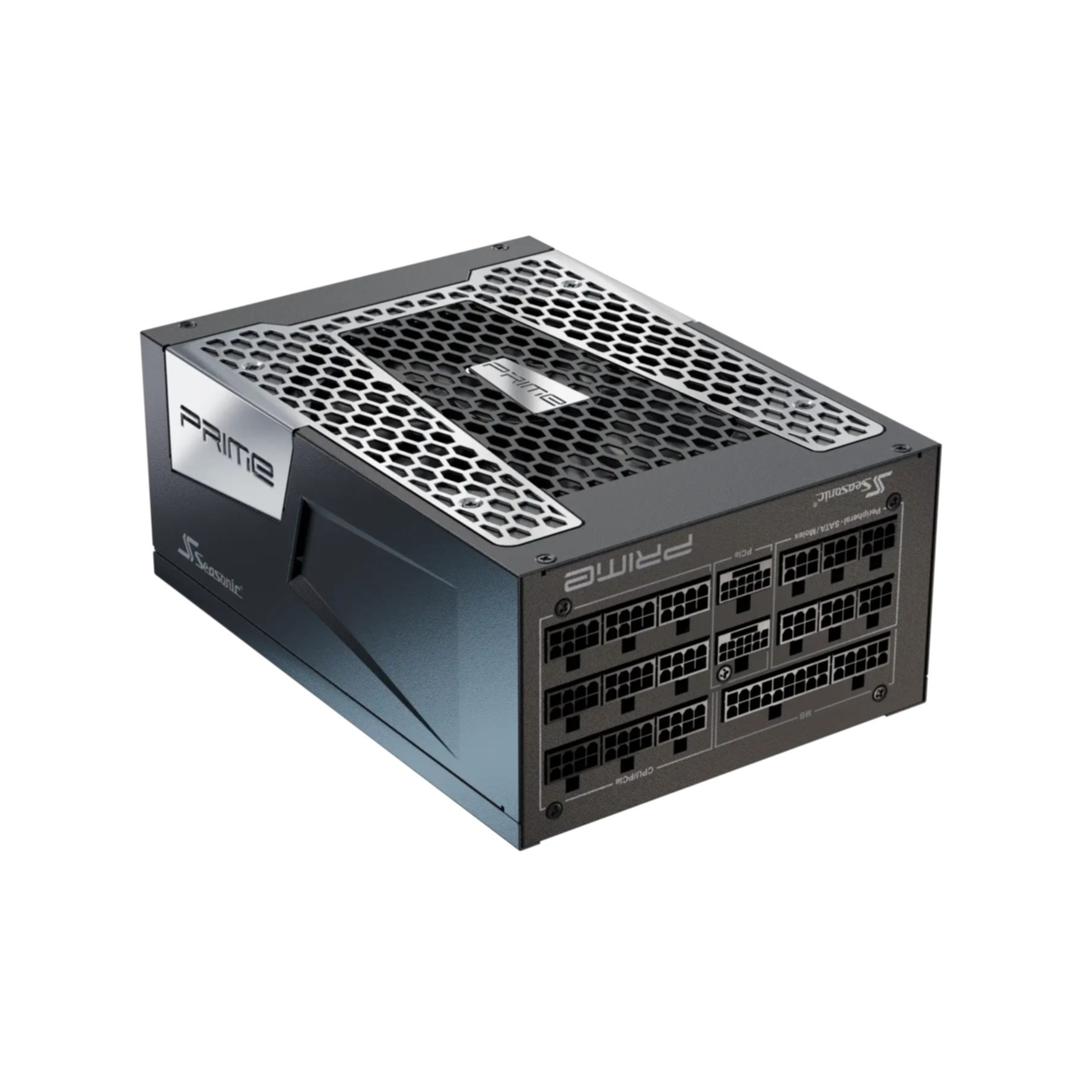 Czarny zasilacz z srebrną siatką i logo "PRIME".