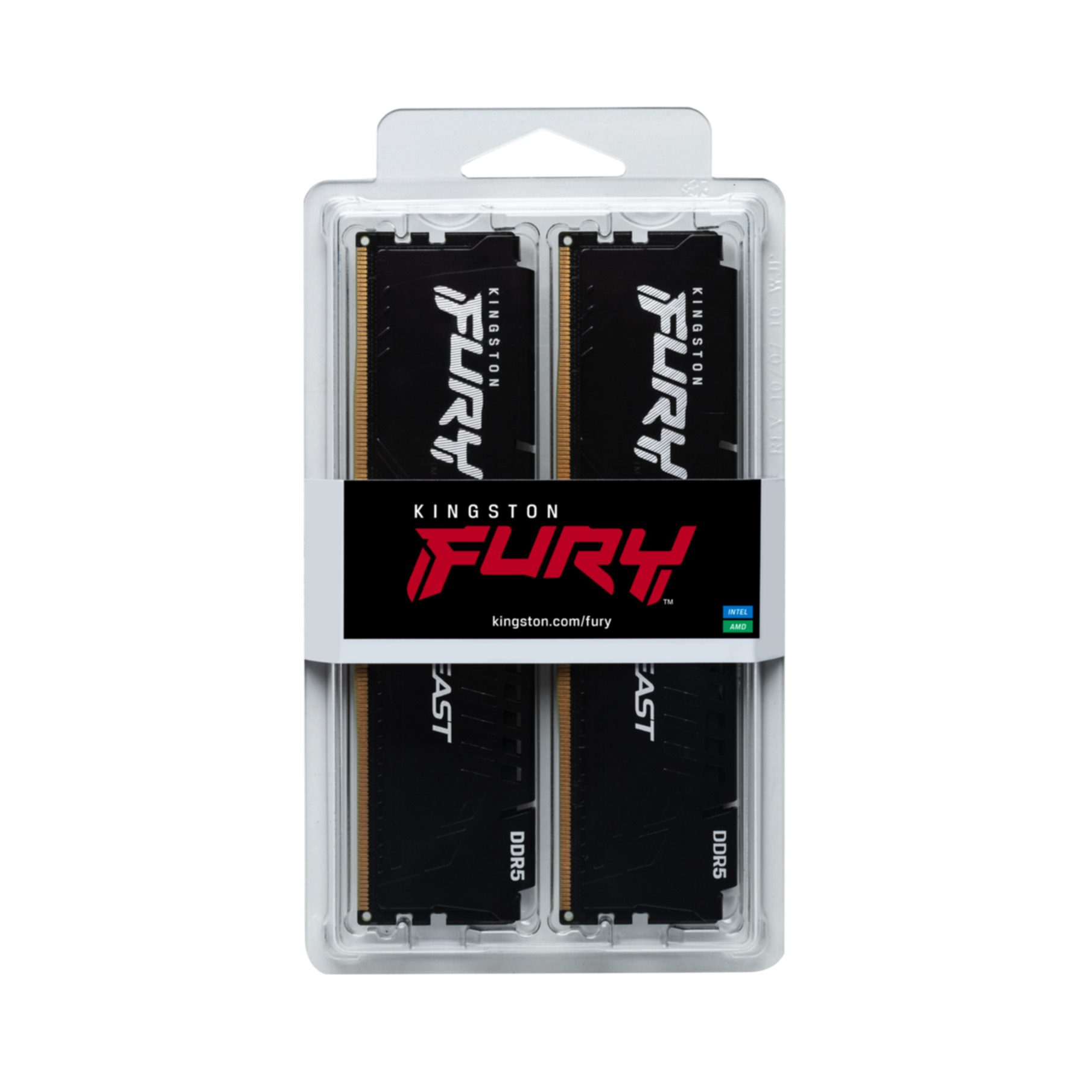 Twee zwarte Kingston Fury DDR5 RAM-modules in doorzichtige verpakking.