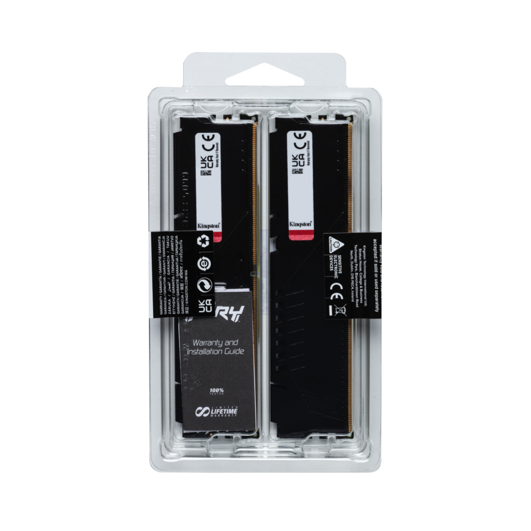 Twee Kingston RAM-modules in plastic verpakking, met garantie- en installatiegids.
