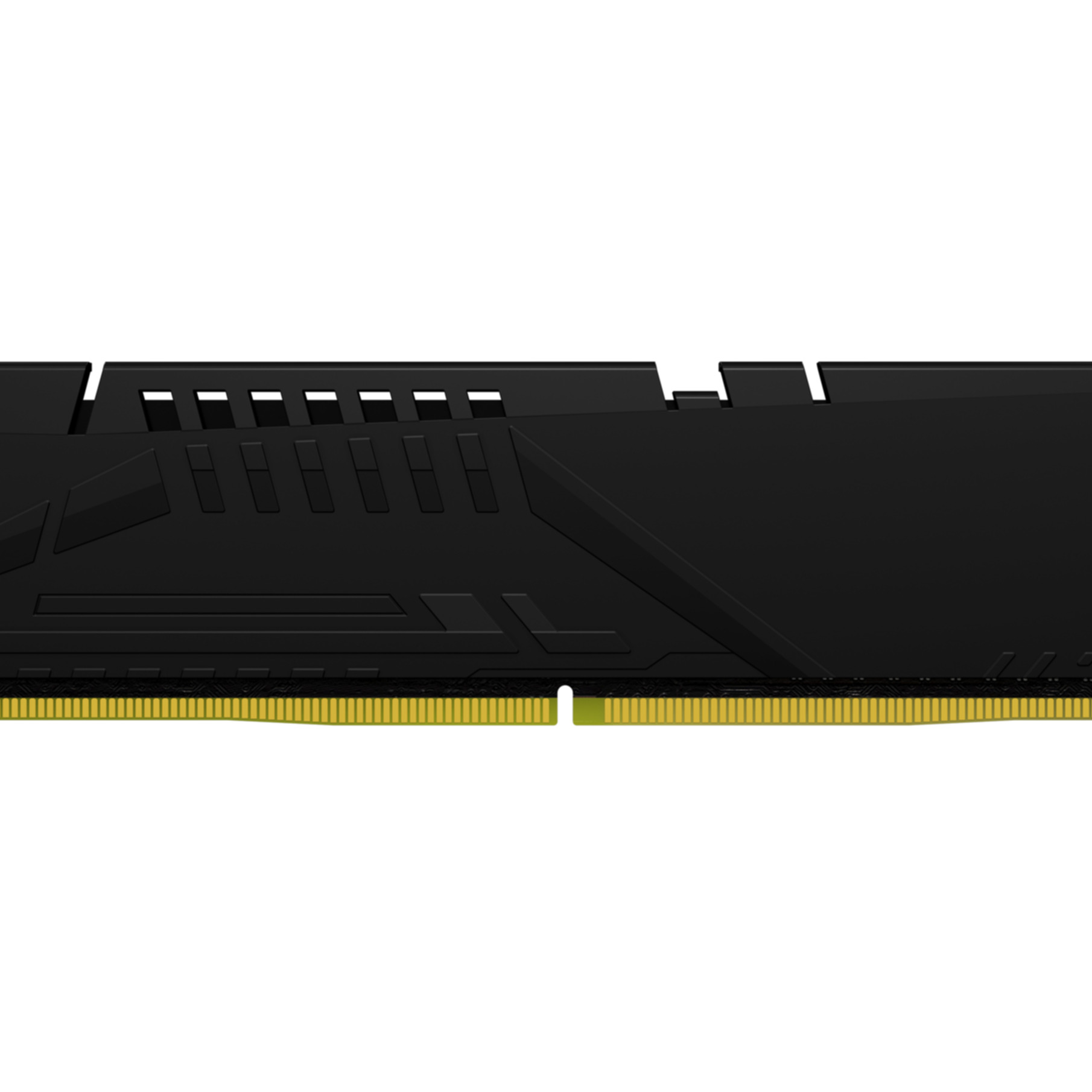 Zwarte RAM-module met gele contacten en gegroefd patroon.