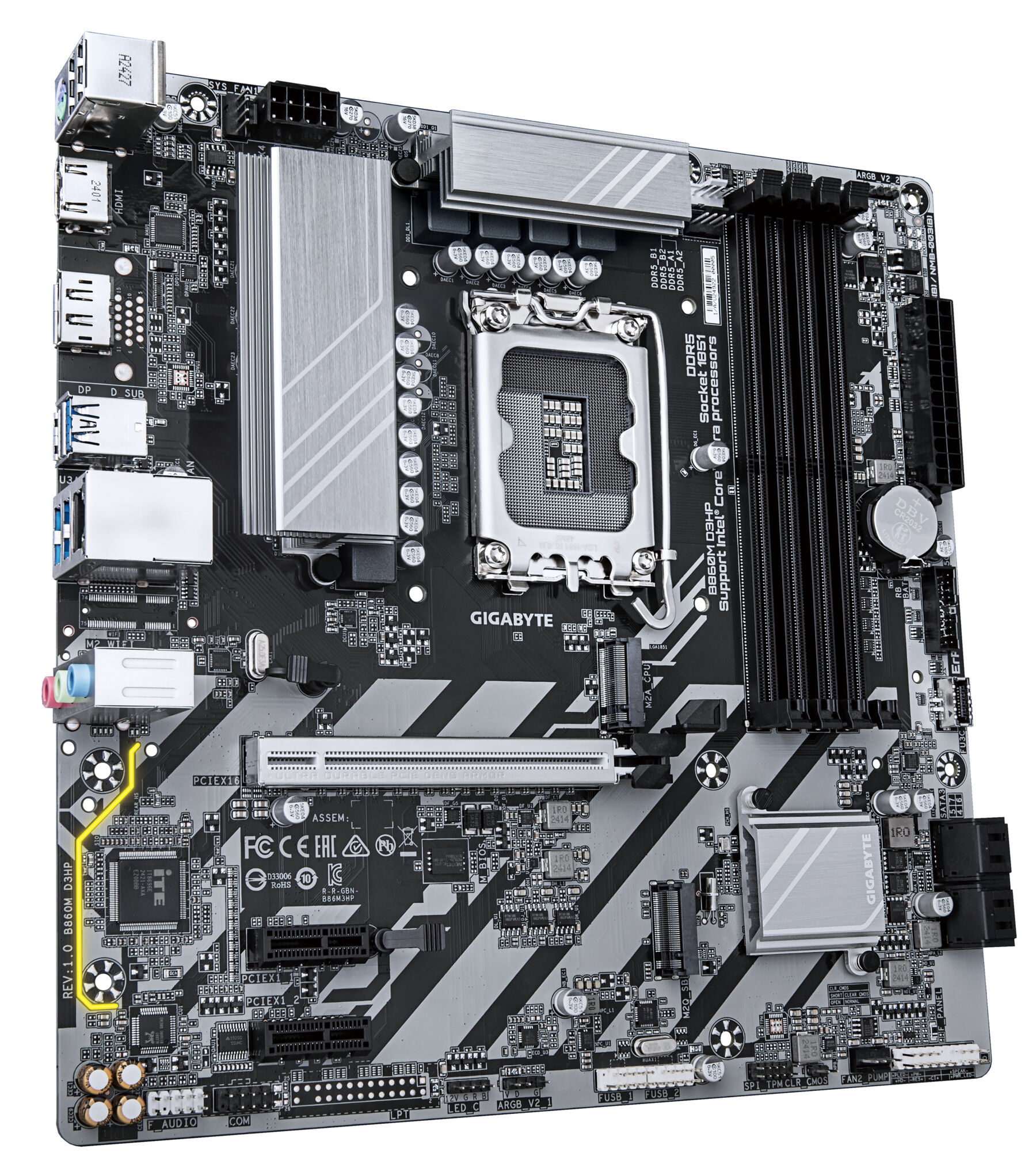 A black Gigabyte B860M D3HP motherboard circuit board with CPU socket and RAM slots.