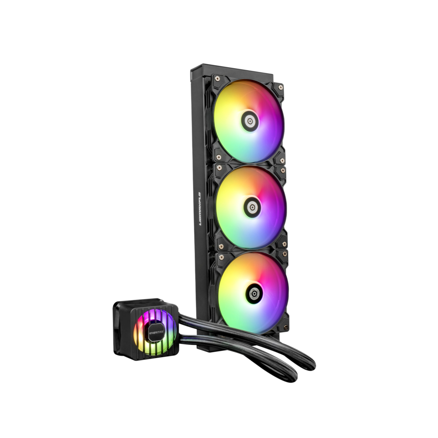Czarna chłodnica CPU z trzema wentylatorami RGB i osobną pompą.