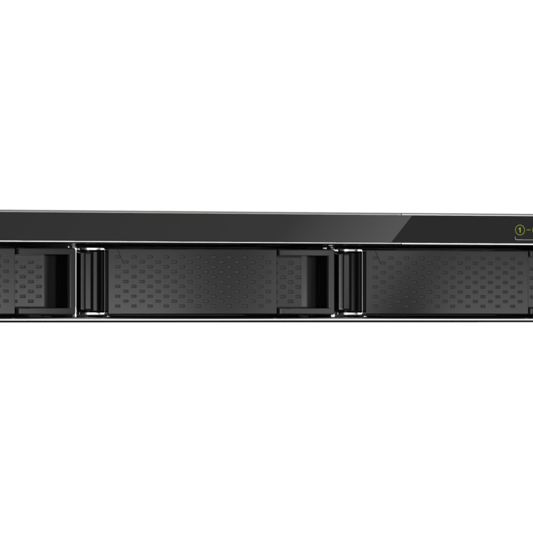 Rack de serveur noir avec des baies et un voyant vert.