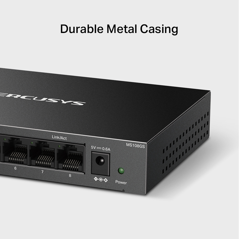 Schwarzer Netzwerk-Switch mit 8 Ports und Metallgehäuse. Beschriftungen und Lichter sichtbar.