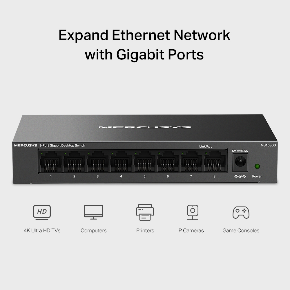 Ein grauer 8-Port Gigabit Desktop-Switch mit beschrifteten Anschlüssen und LEDs.