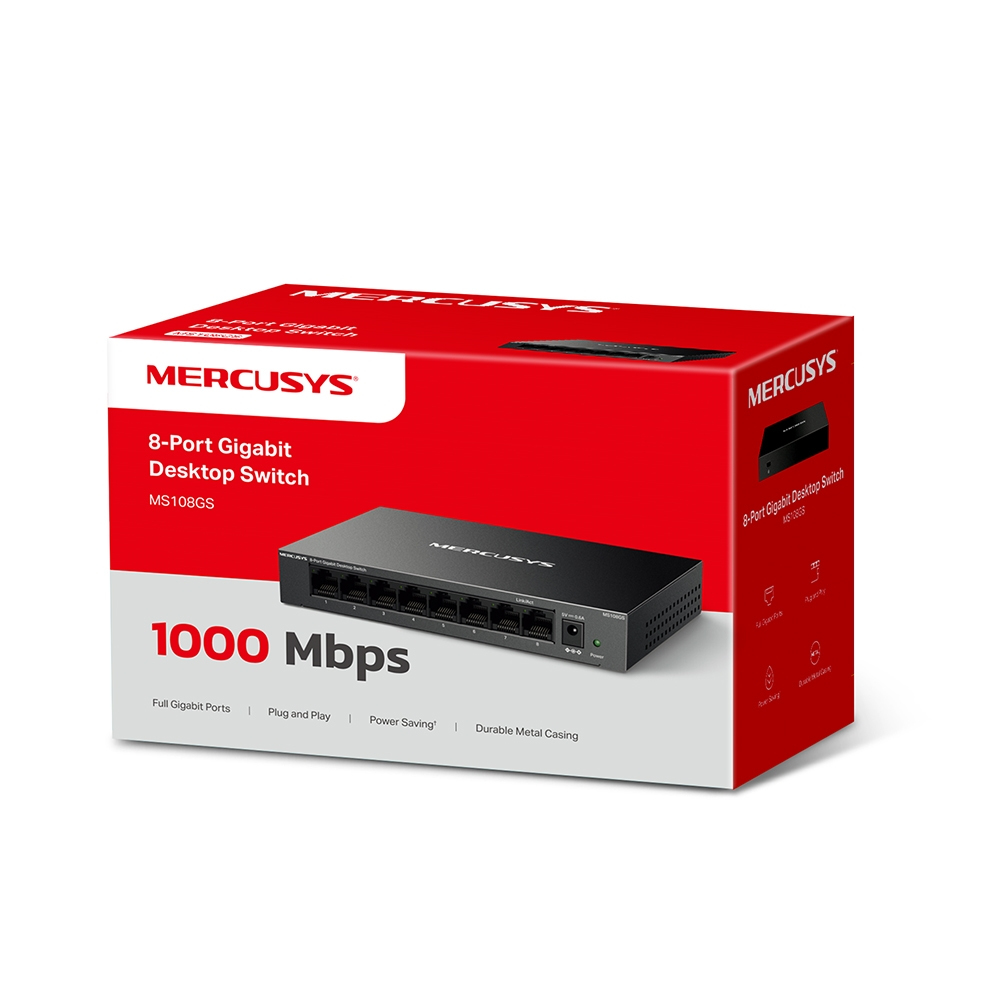 Ein schwarzer 8-Port Gigabit Desktop Switch von Mercusys auf weißem Grund.