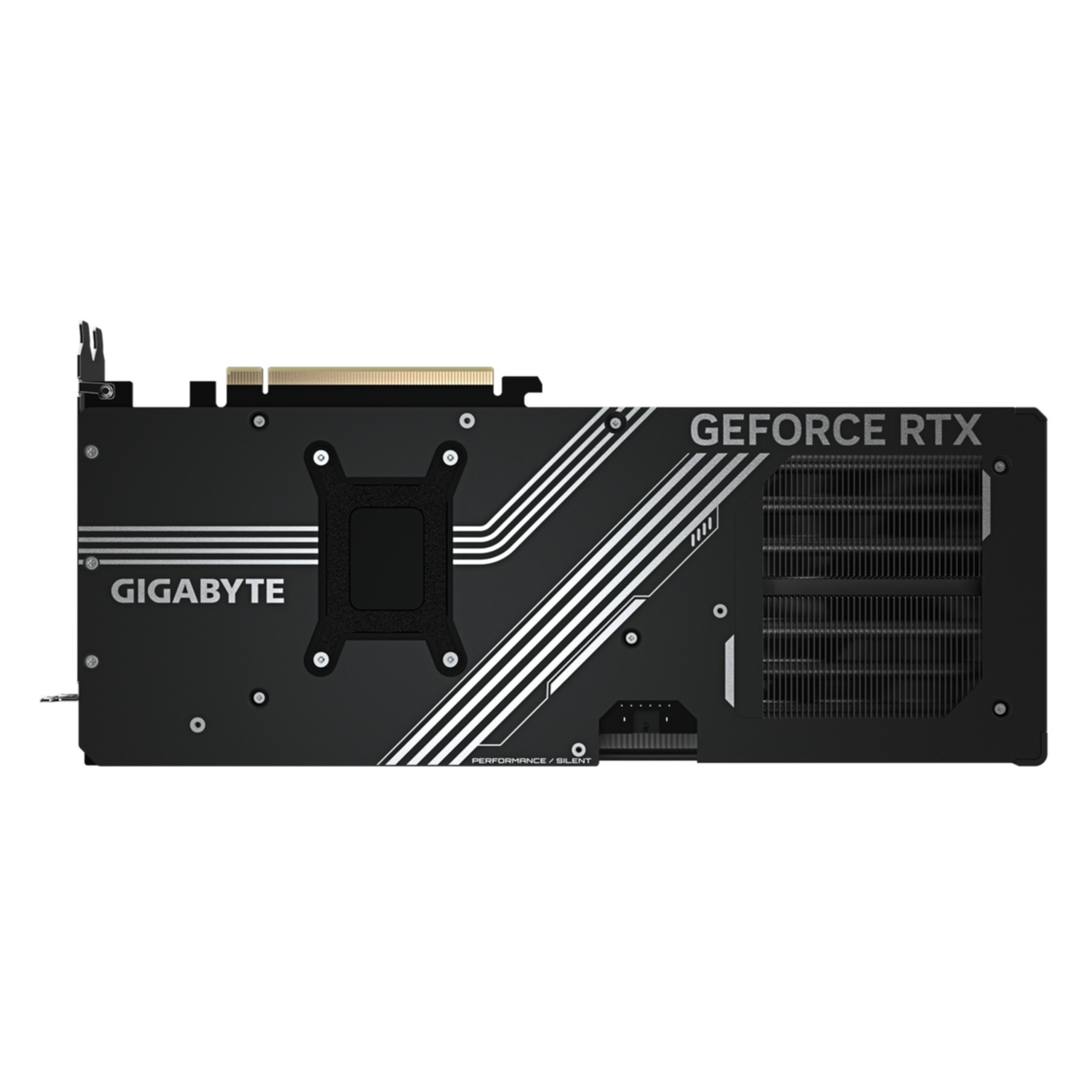 Czarna karta graficzna Gigabyte z napisem GeForce RTX i srebrnymi liniami.