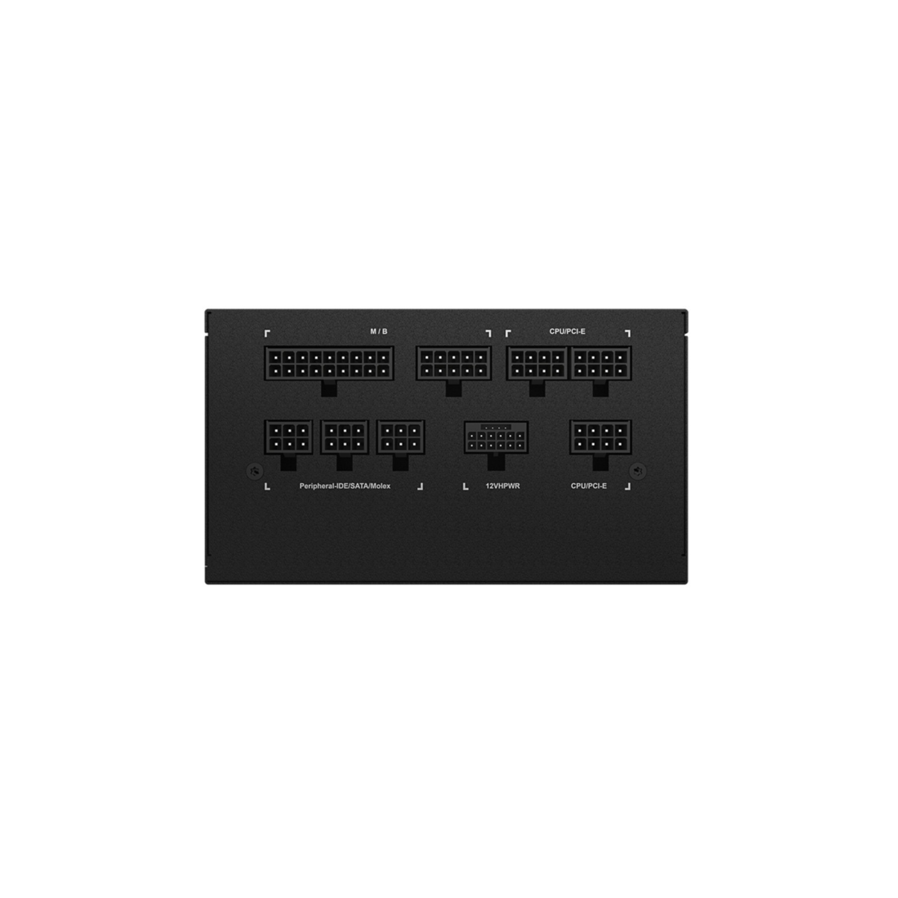 Black power supply unit connector panel labeled M/B, CPU/PCI-E, Peripheral-IDE/SATA/Molex.