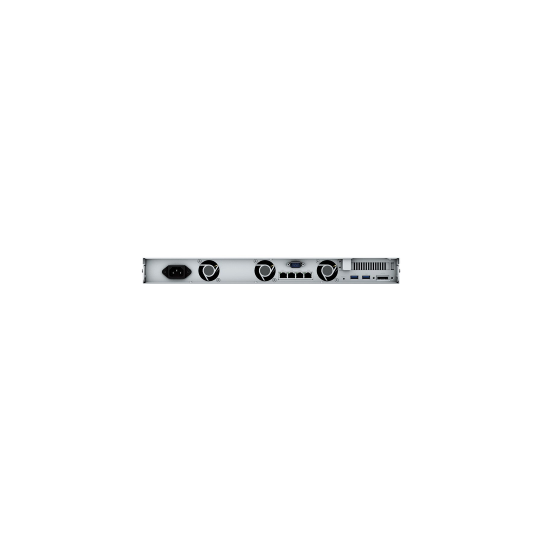Vue arrière d'un serveur avec alimentation, ventilateurs, ports Ethernet et USB.