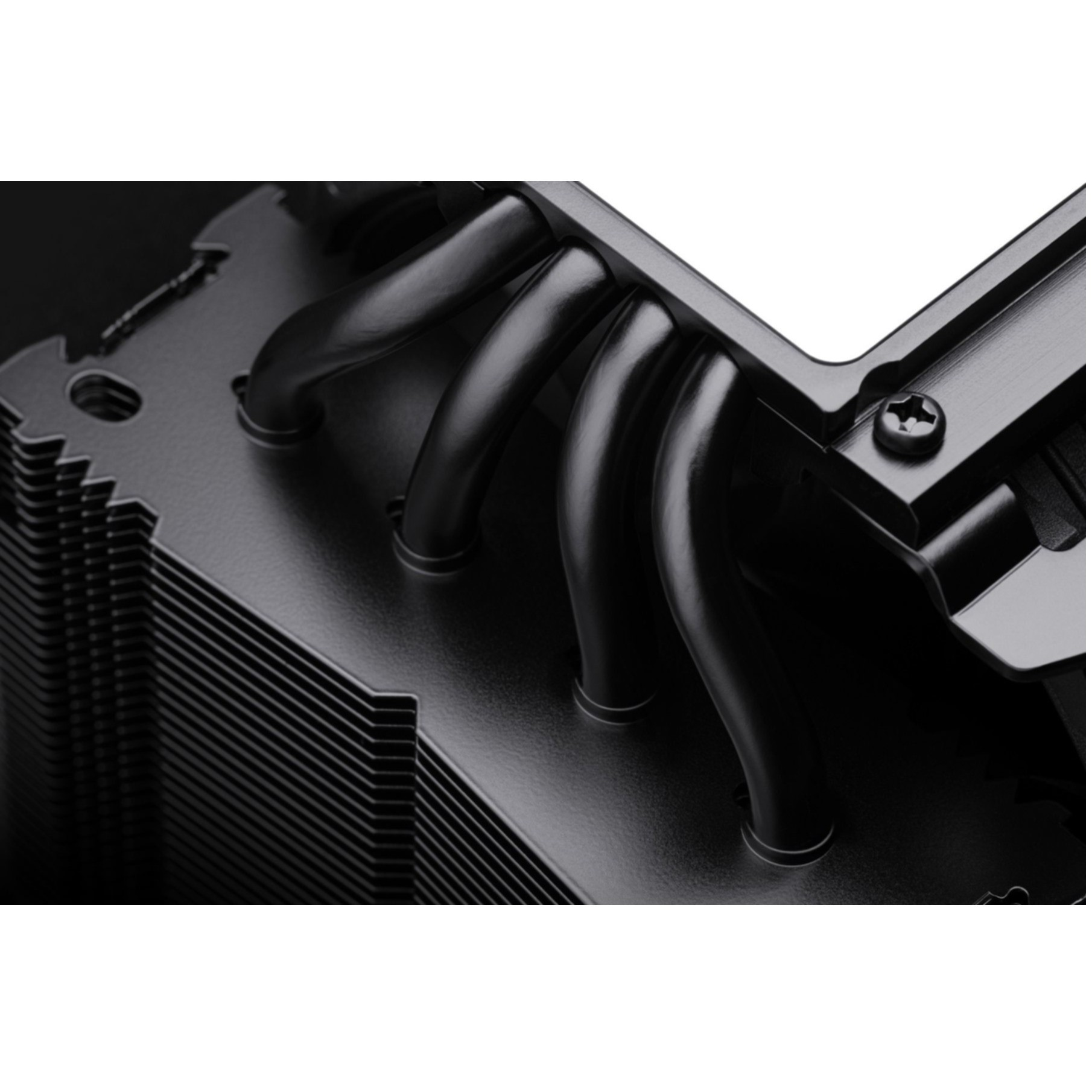 Black CPU cooler with fins and copper heat pipes.