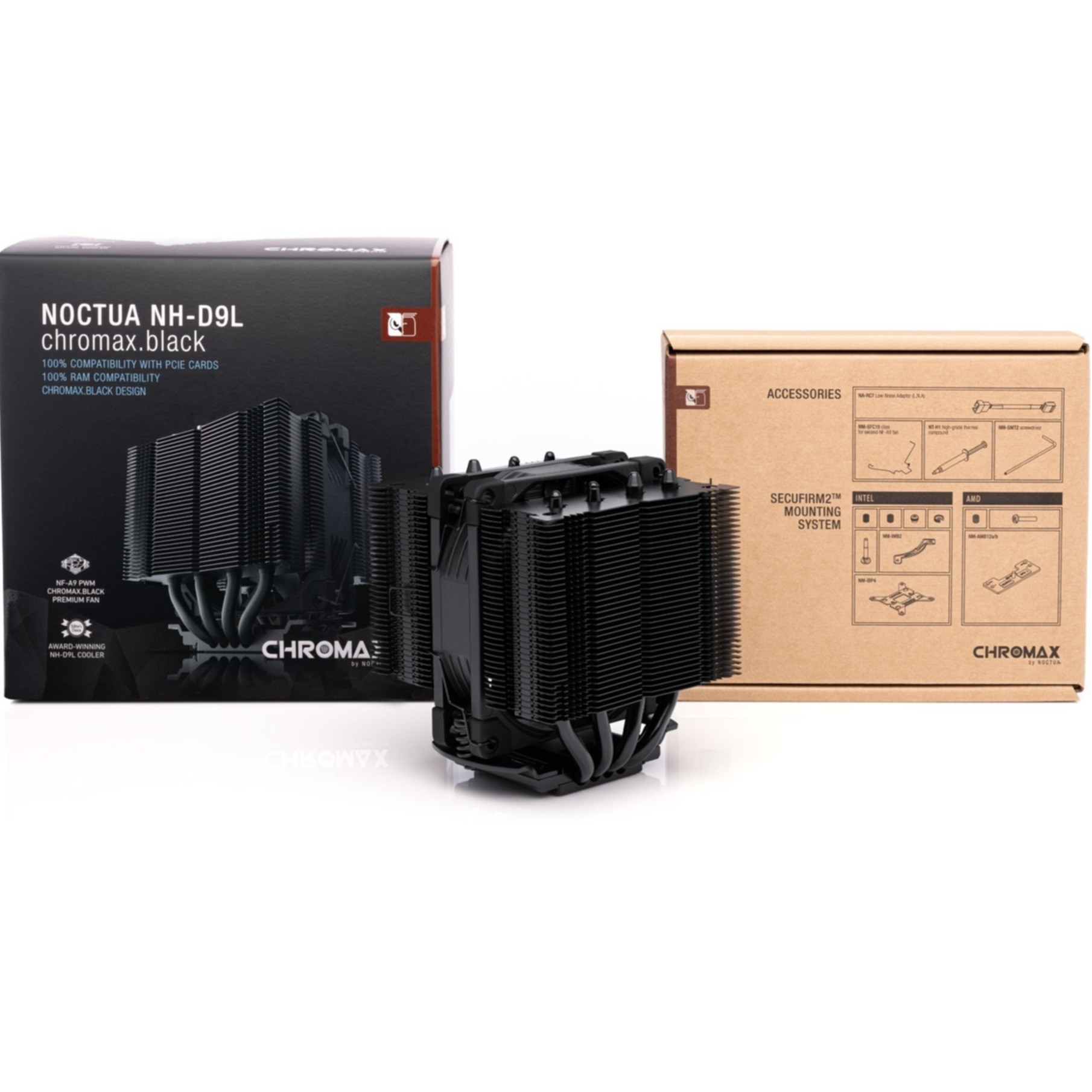 Black Noctua CPU cooler with black packaging and accessories box.