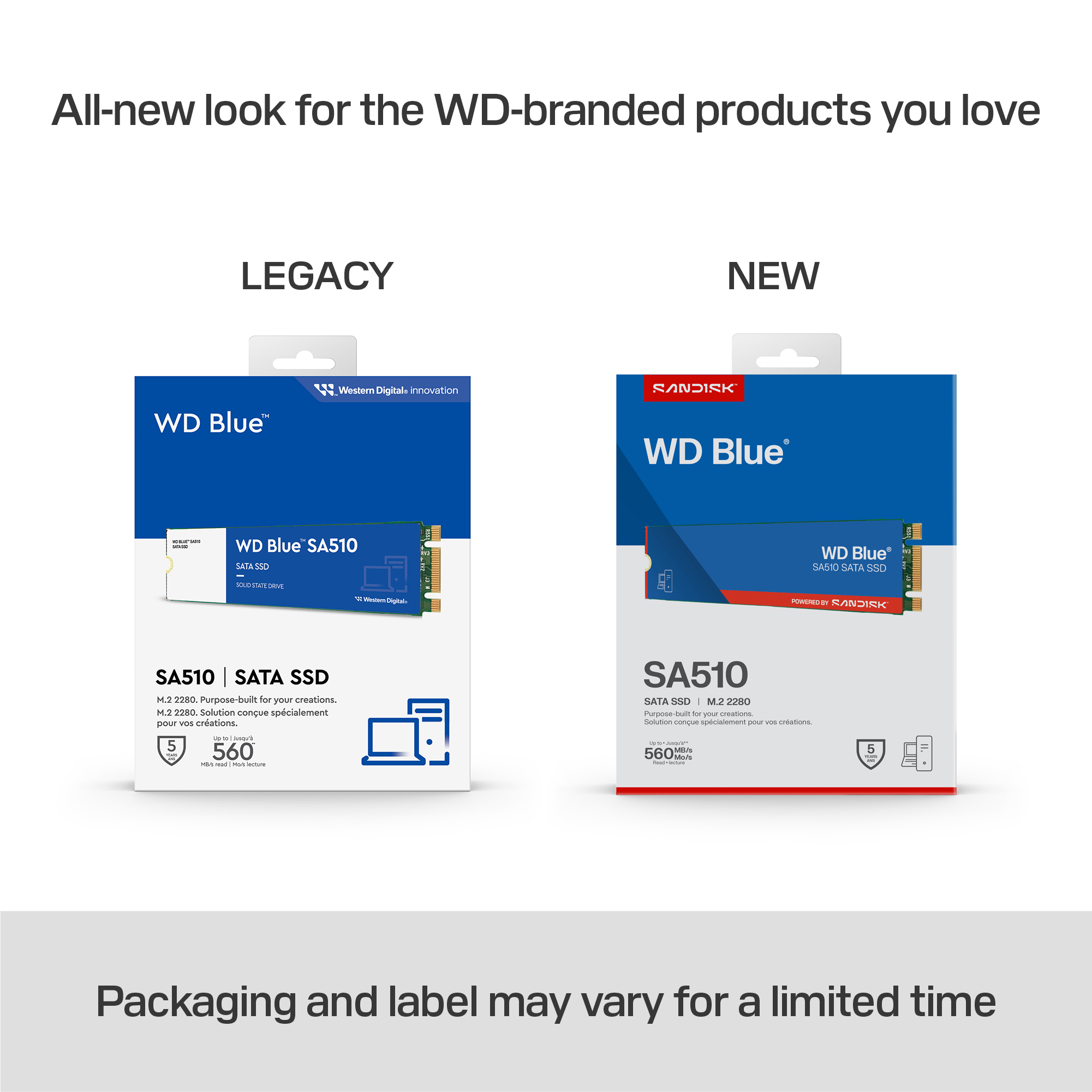 Porównanie dysków SSD WD Blue SA510: stare i nowe opakowania ze zdjęciami produktów.