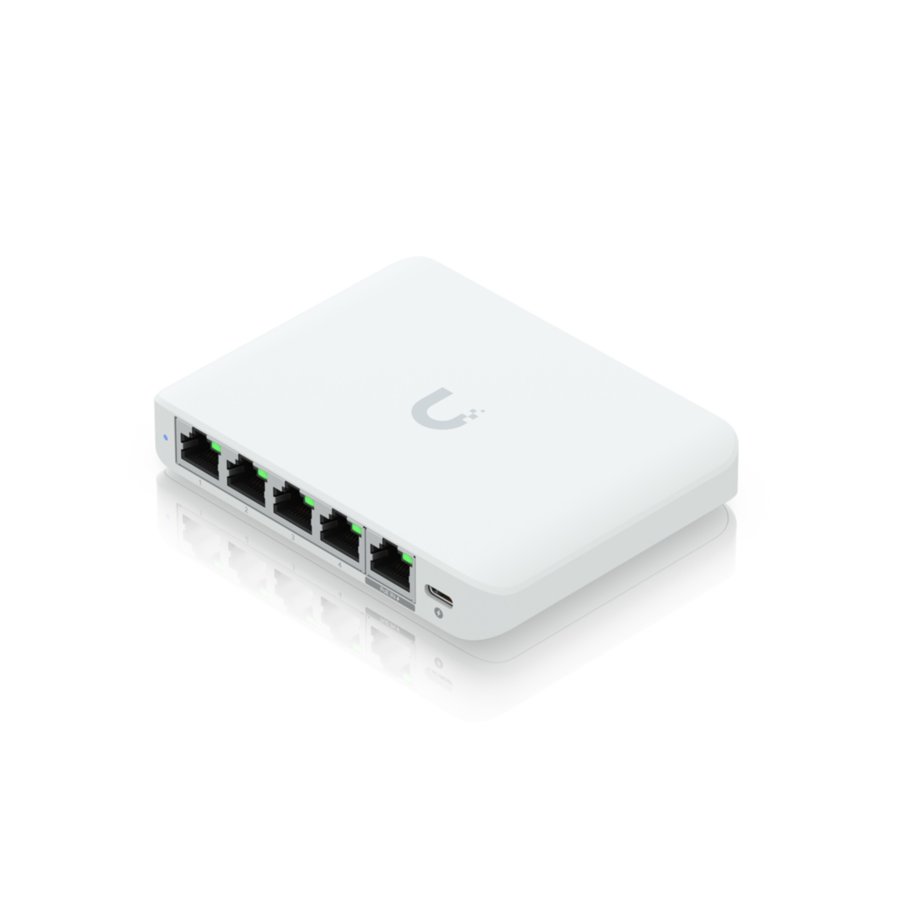 Een witte netwerkswitch met vijf Ethernet-poorten en groene status-LEDs.