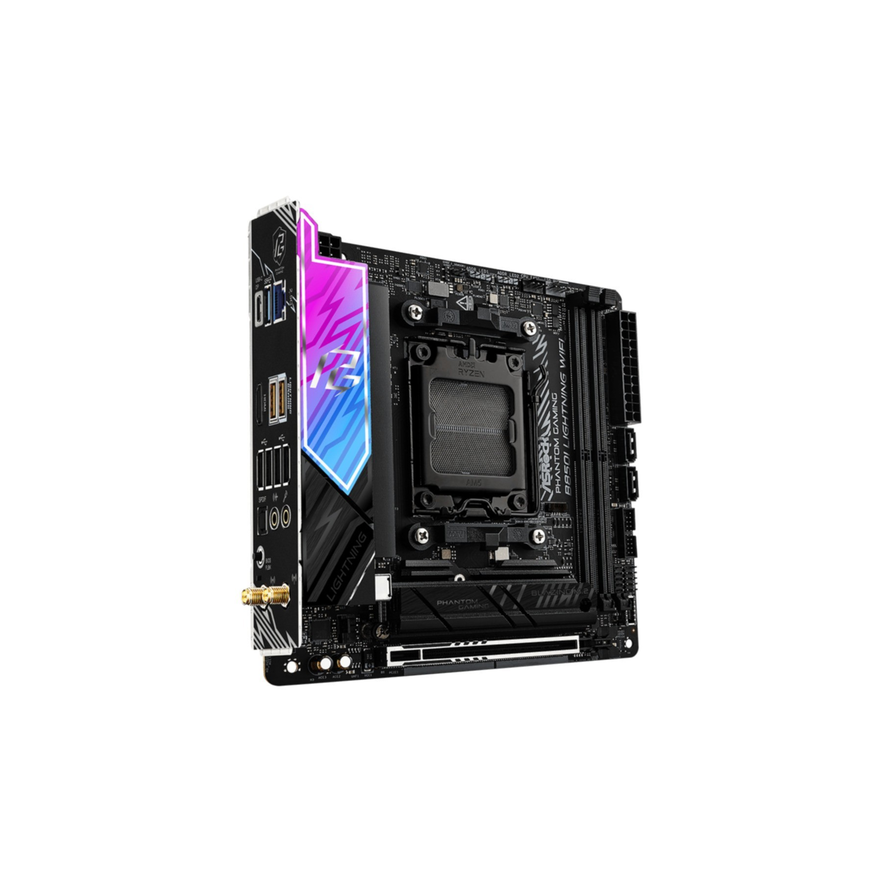 Płyta główna mini-ITX z podświetleniem RGB i gniazdem procesora Ryzen.
