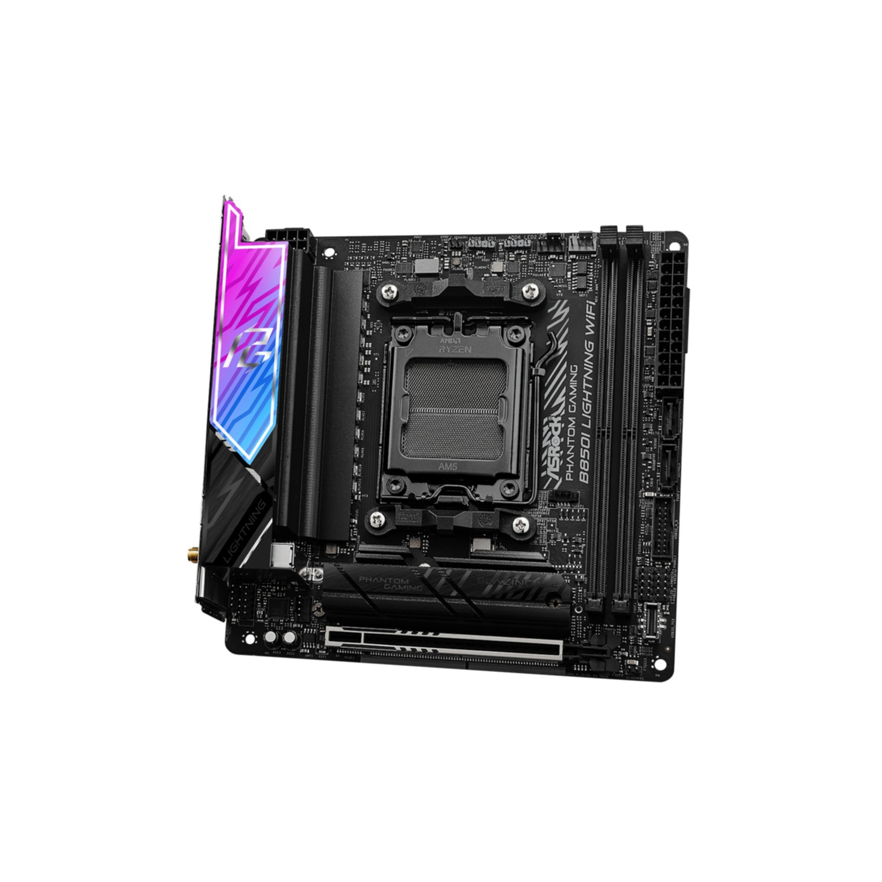 Czarna płyta główna z podświetleniem RGB i gniazdem AM5 dla procesorów AMD Ryzen.