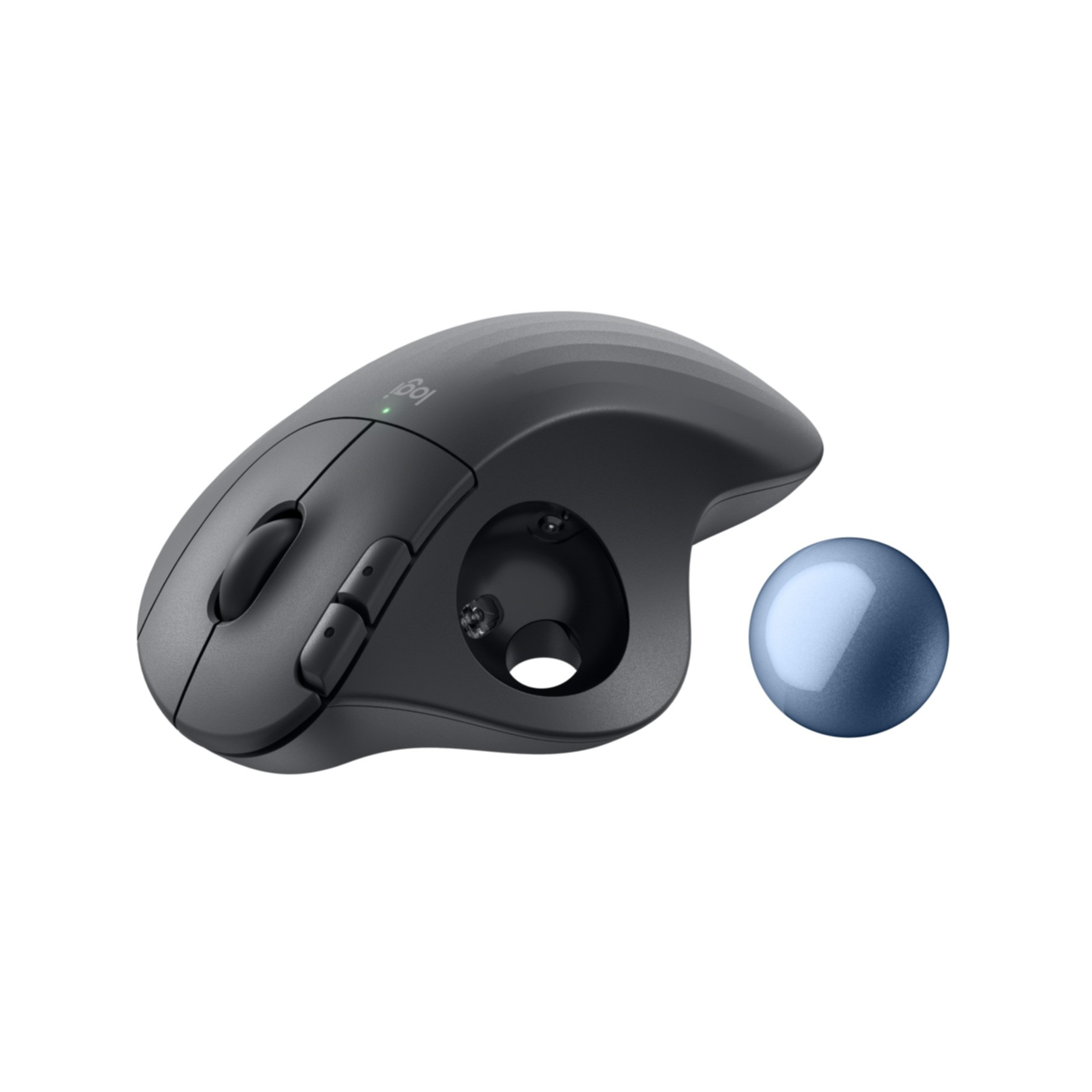 Mouse Logitech grigio scuro con una palla blu accanto.