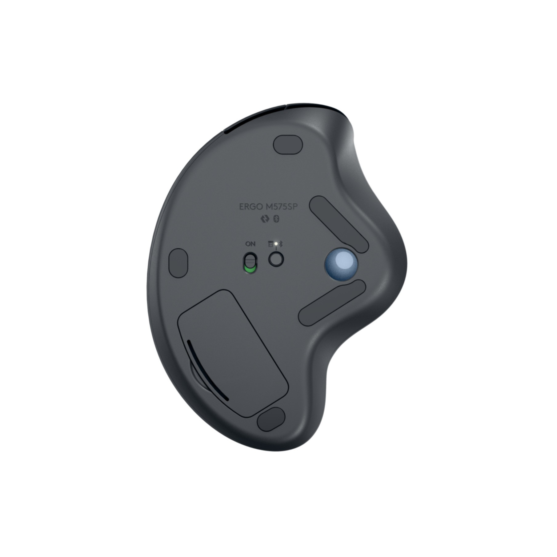 Parte inferiore di un mouse scuro con sfera argentata e interruttori.