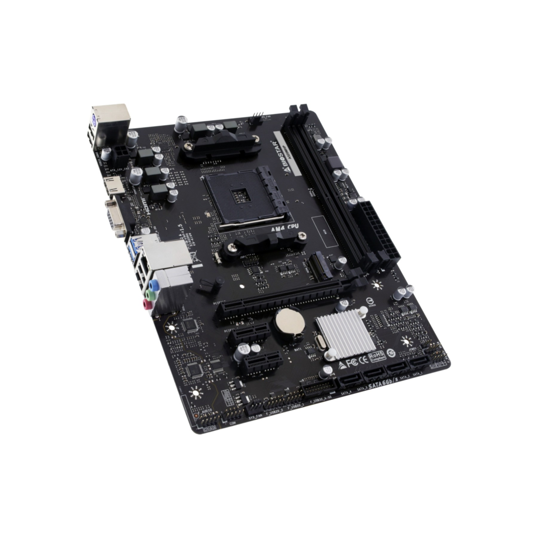 Czarna płyta główna z gniazdem CPU AM4, slotami RAM i złączami.