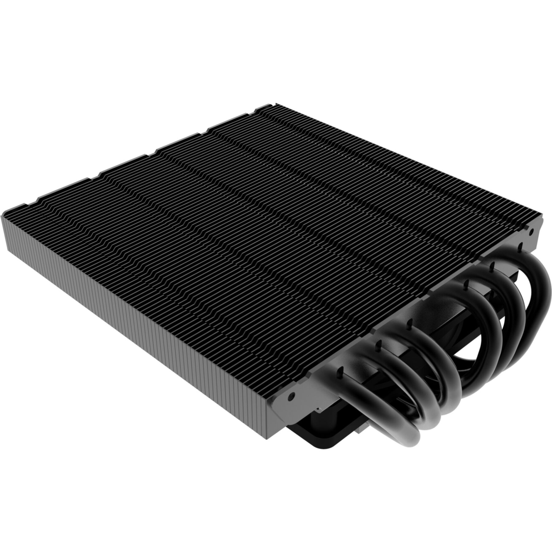 Schwarzer CPU-Kühler mit Lamellen und gebogenen Kupferrohren auf weißem Hintergrund.