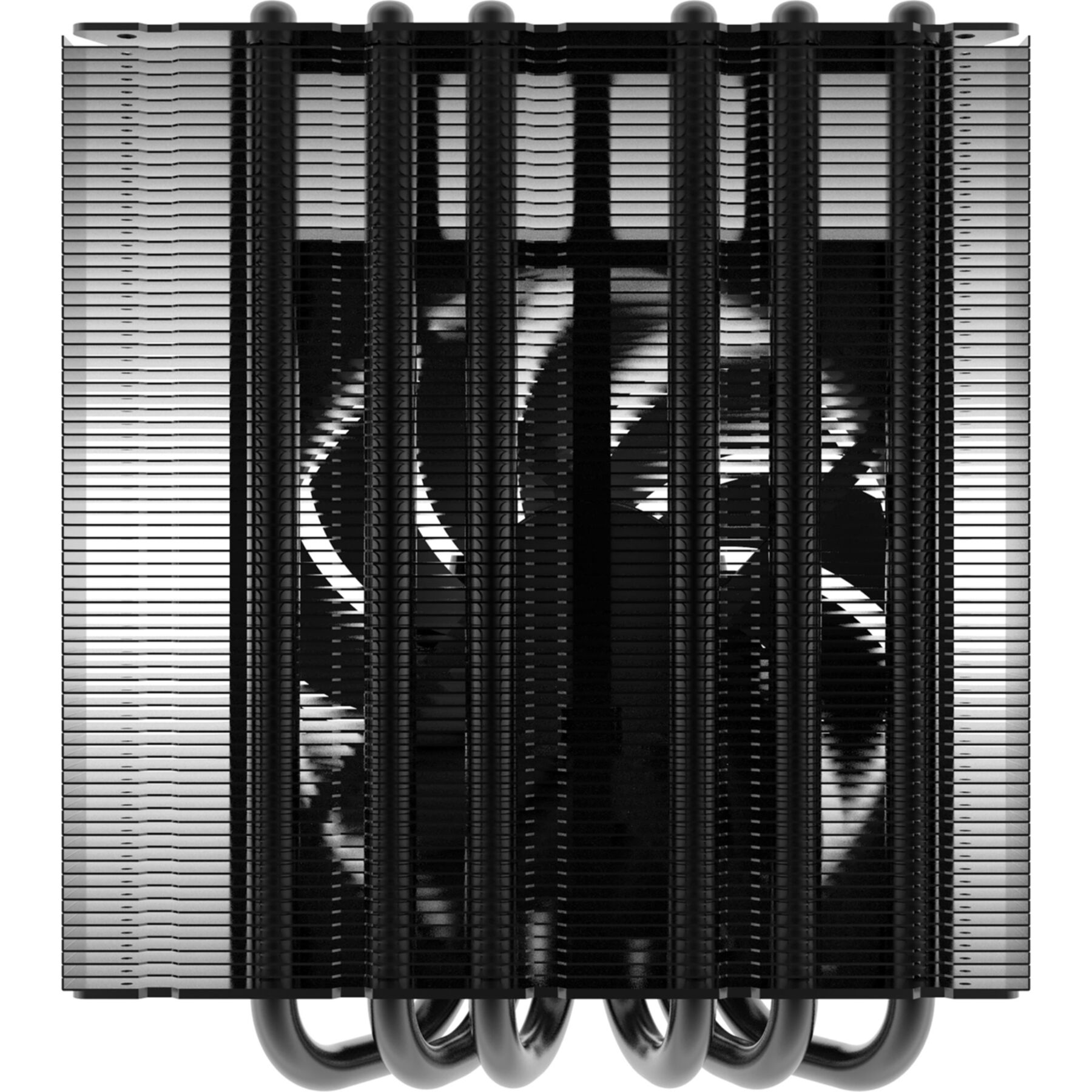 Ein schwarzer CPU-Kühler mit silbernen Lamellen und einer Lüfternabe.