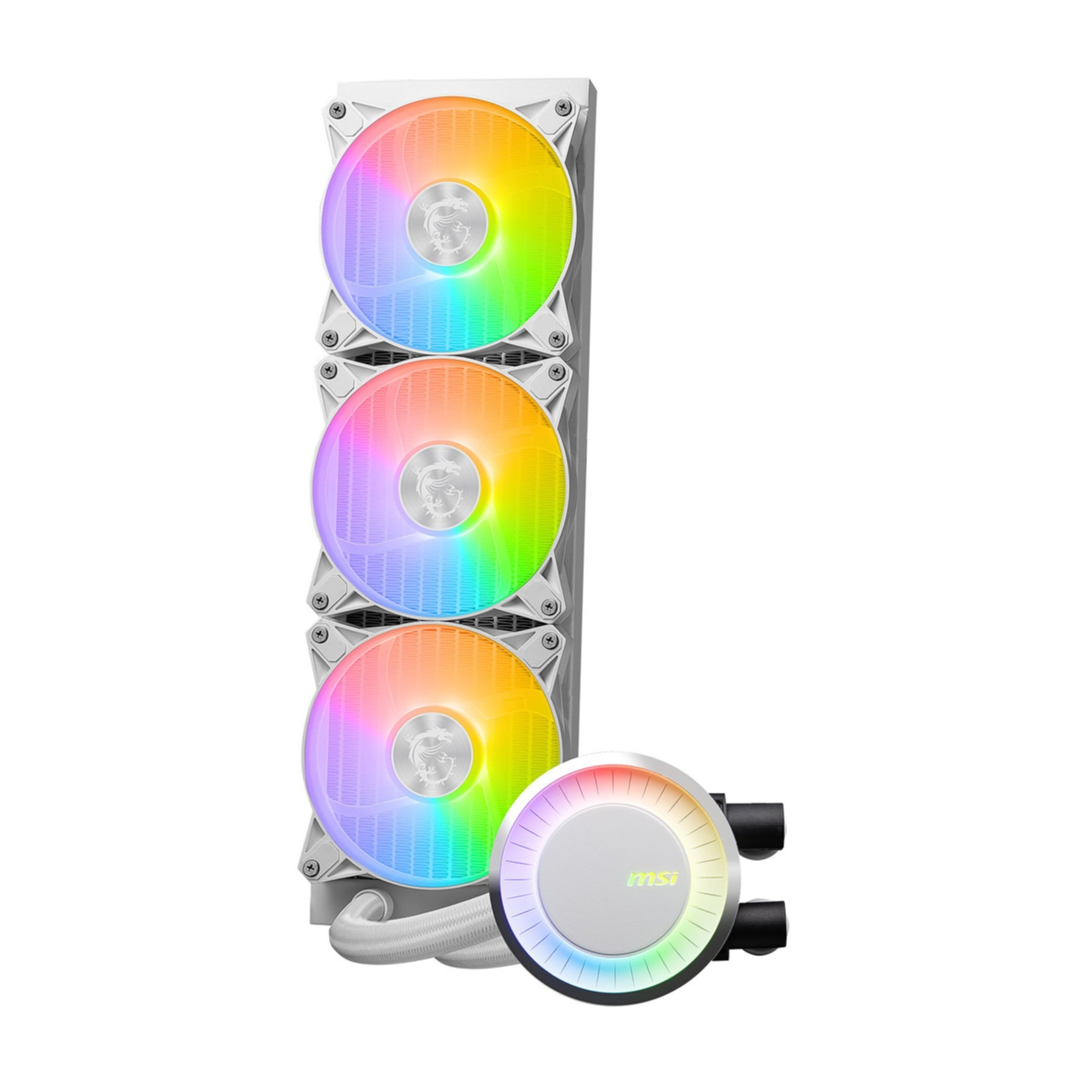 Biała chłodnica CPU z wentylatorami RGB i okrągłą głowicą pompy.