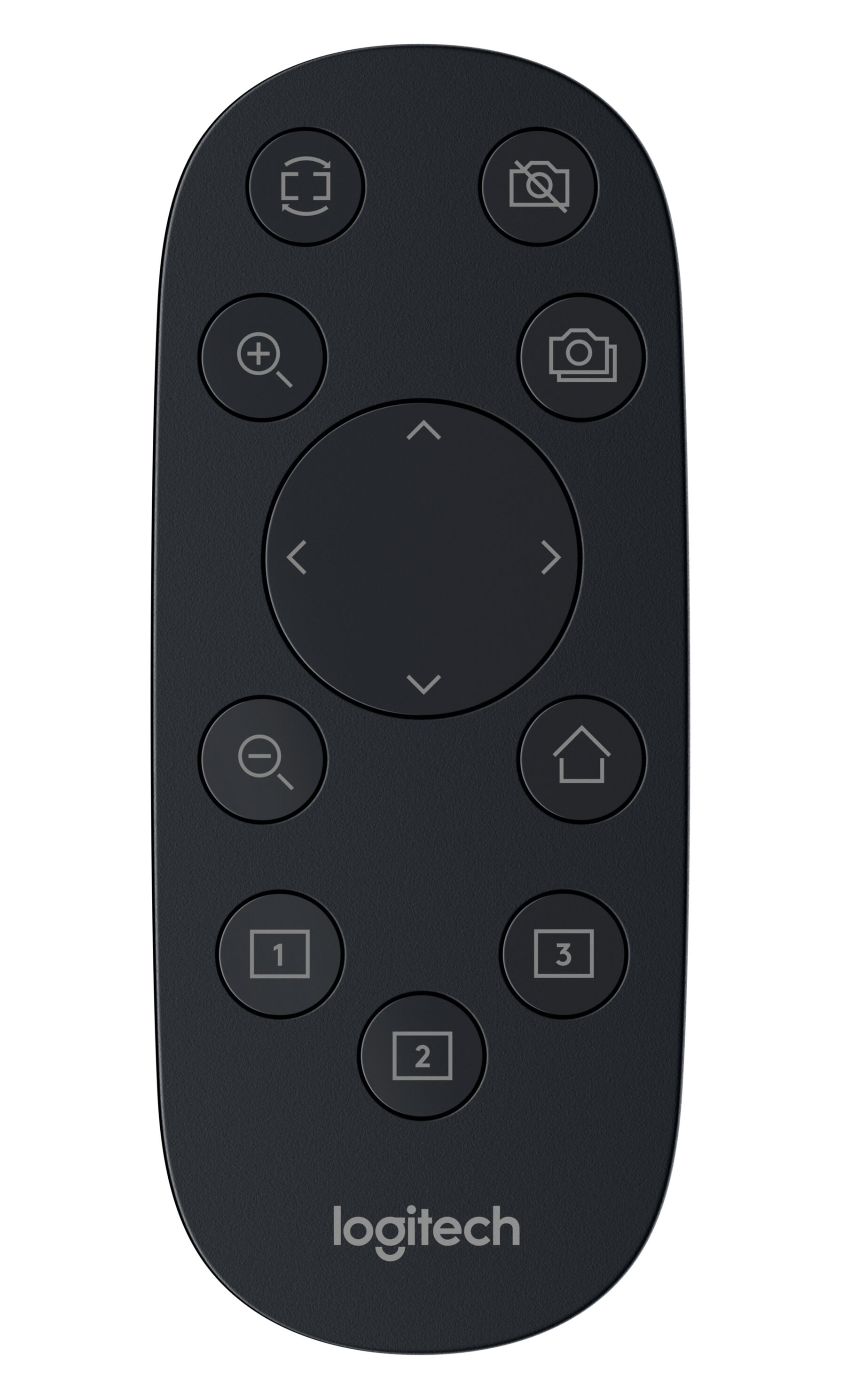 Schwarze Logitech Fernbedienung mit Navigations- und Kamera-Steuerungstasten.