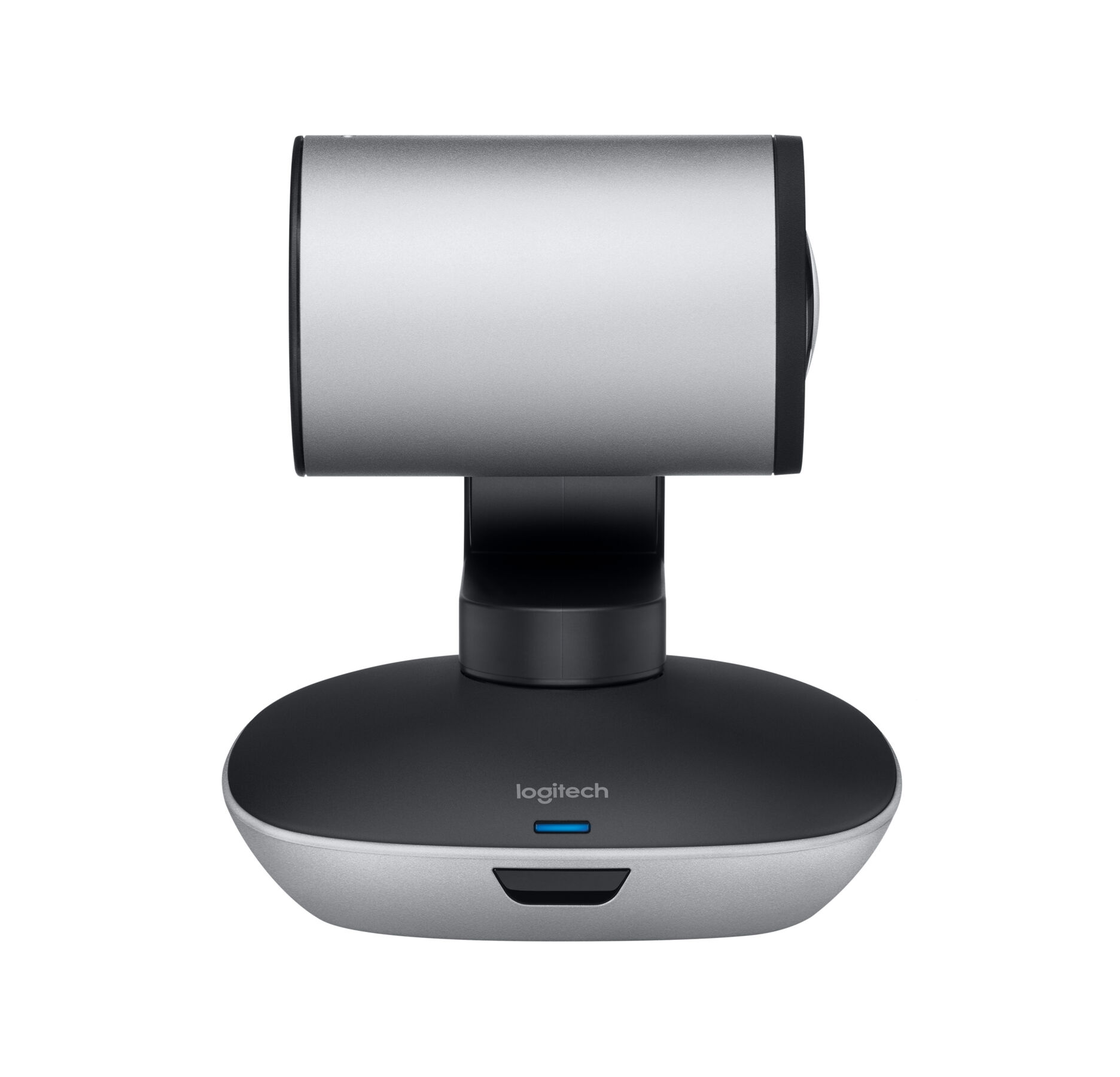 Silberne Logitech-Webcam mit schwarzem Sockel und blauer LED.