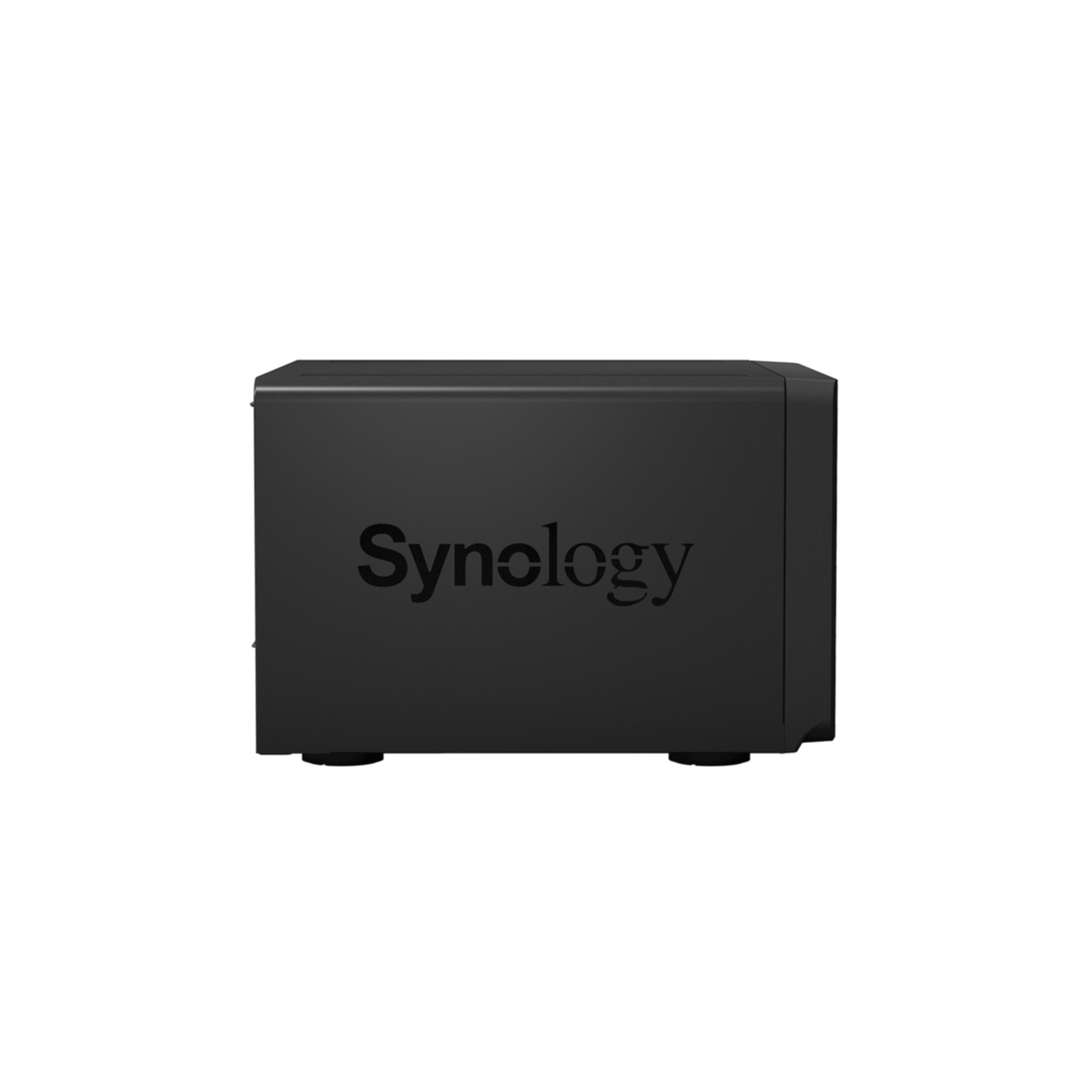 Ein schwarzes Synology NAS mit vier Füßen auf weißem Hintergrund.