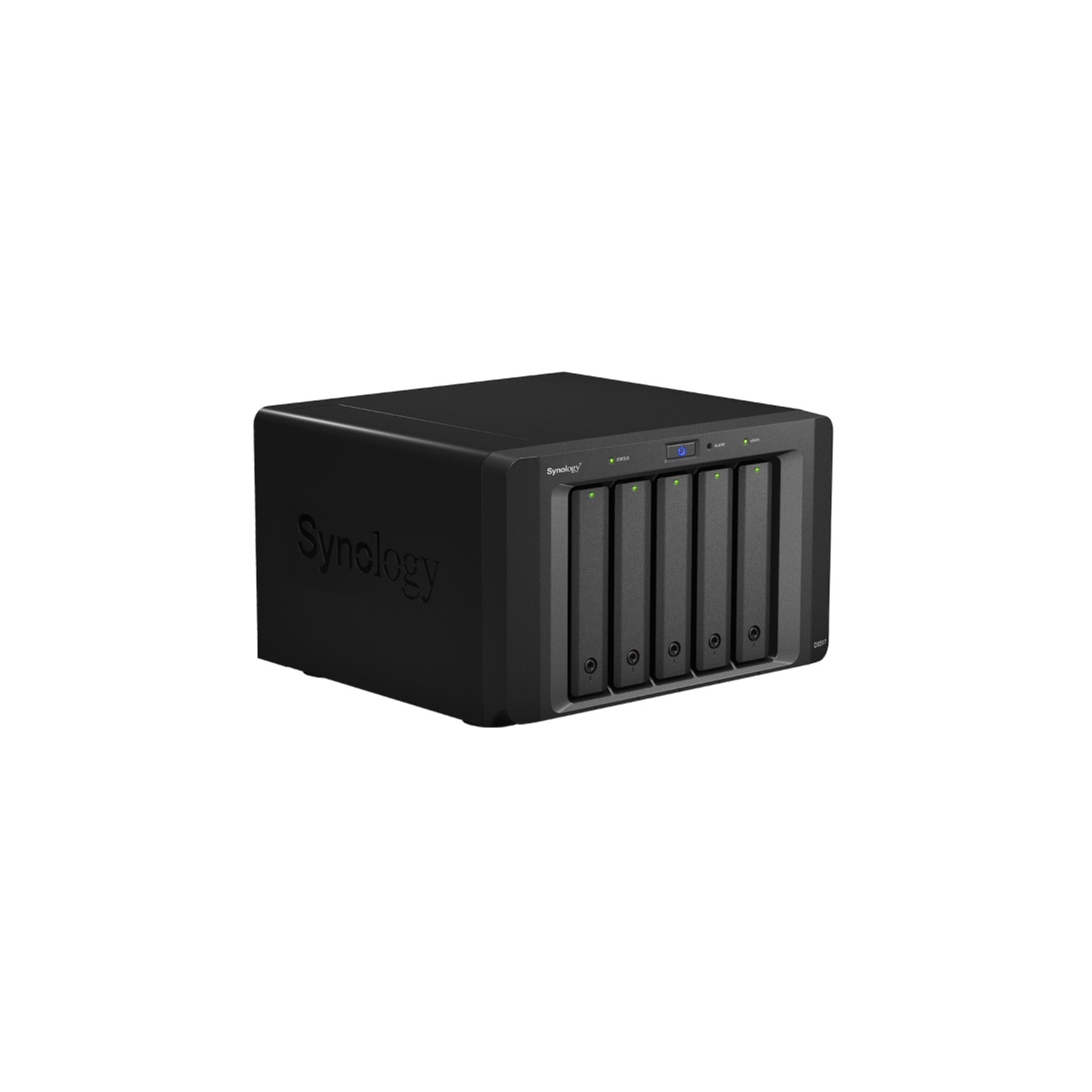 Schwarzes Synology NAS-Gerät mit fünf Festplatteneinschüben und Status-LEDs.