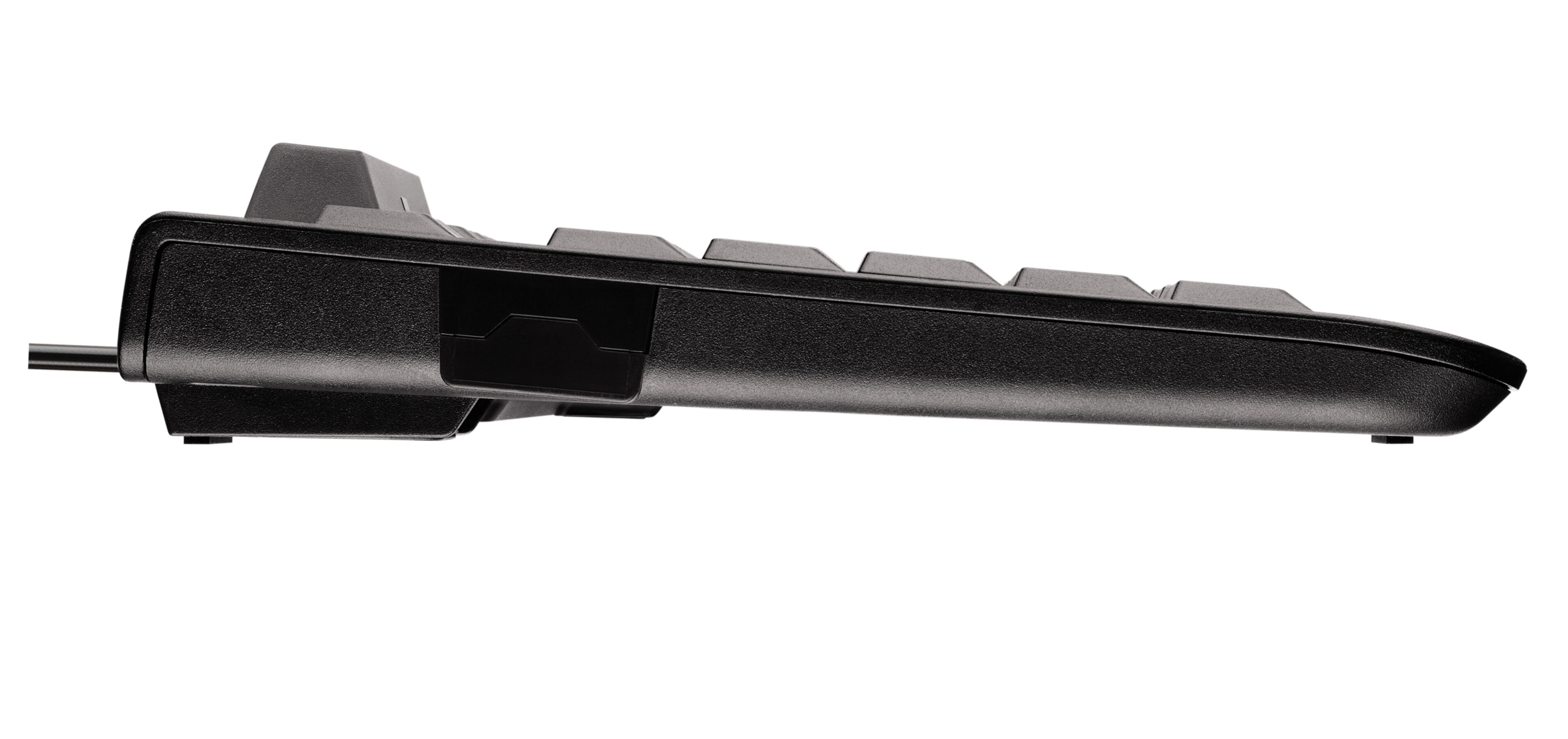 Schwarze Tastatur von der Seite, mit Tasten und einem Kabel.