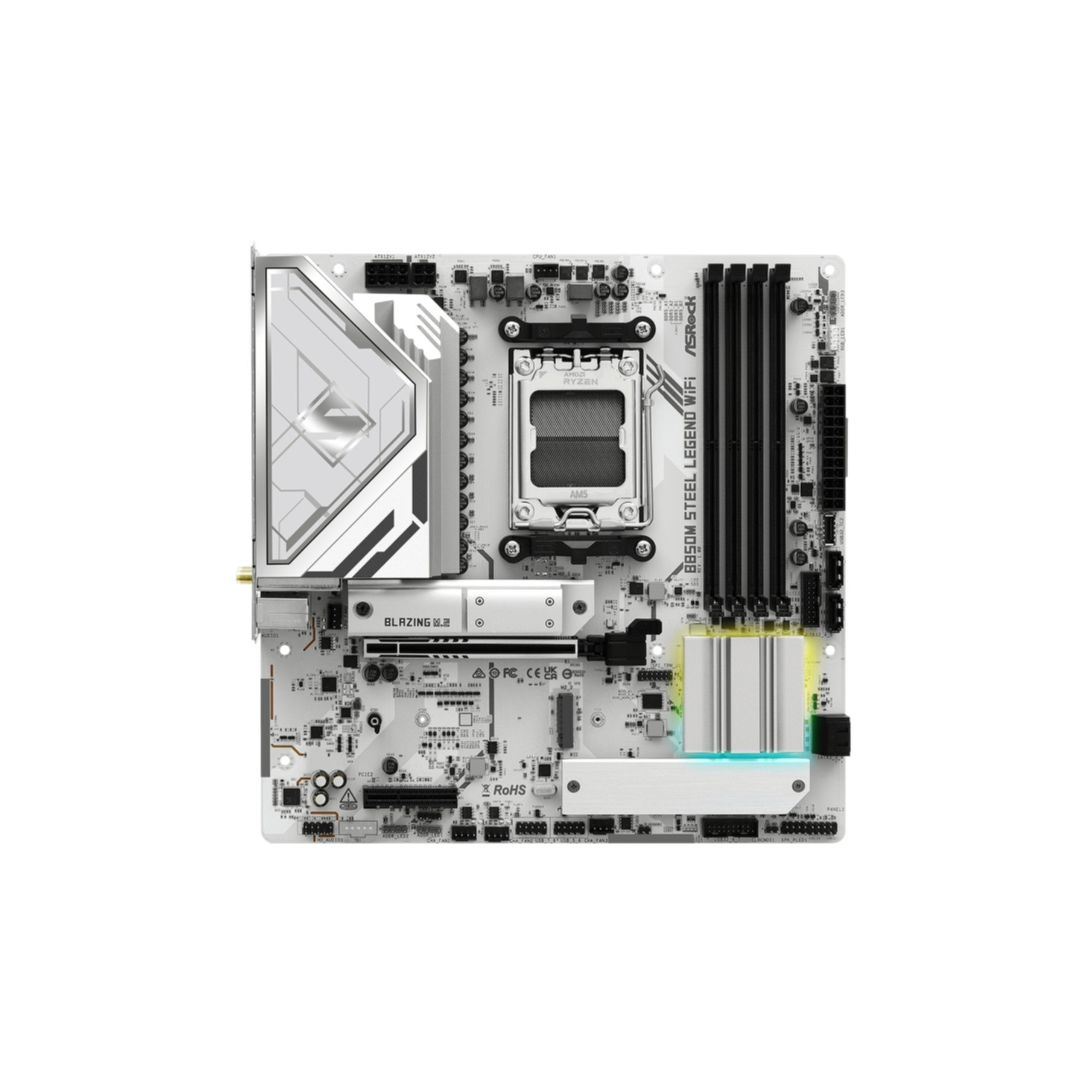 Biała płyta główna z srebrnymi radiatorami i gniazdem AM5.