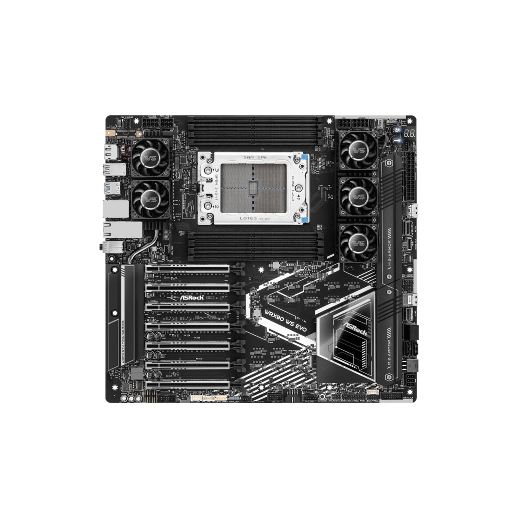 Une carte mère noire avec un socket CPU, des ventilateurs et des slots.