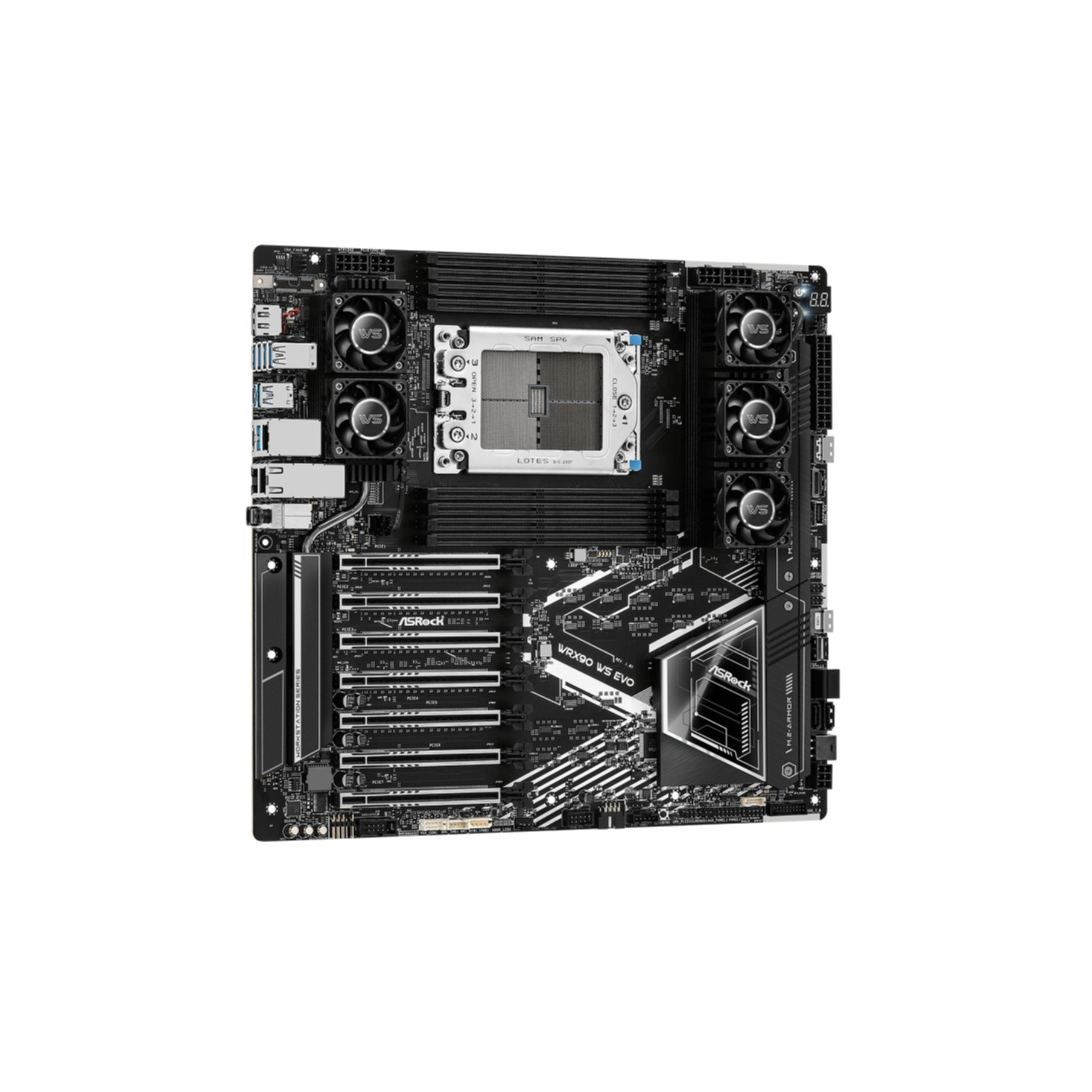 Carte mère noire avec socket CPU, slots RAM, ventilateurs et slots PCIe.