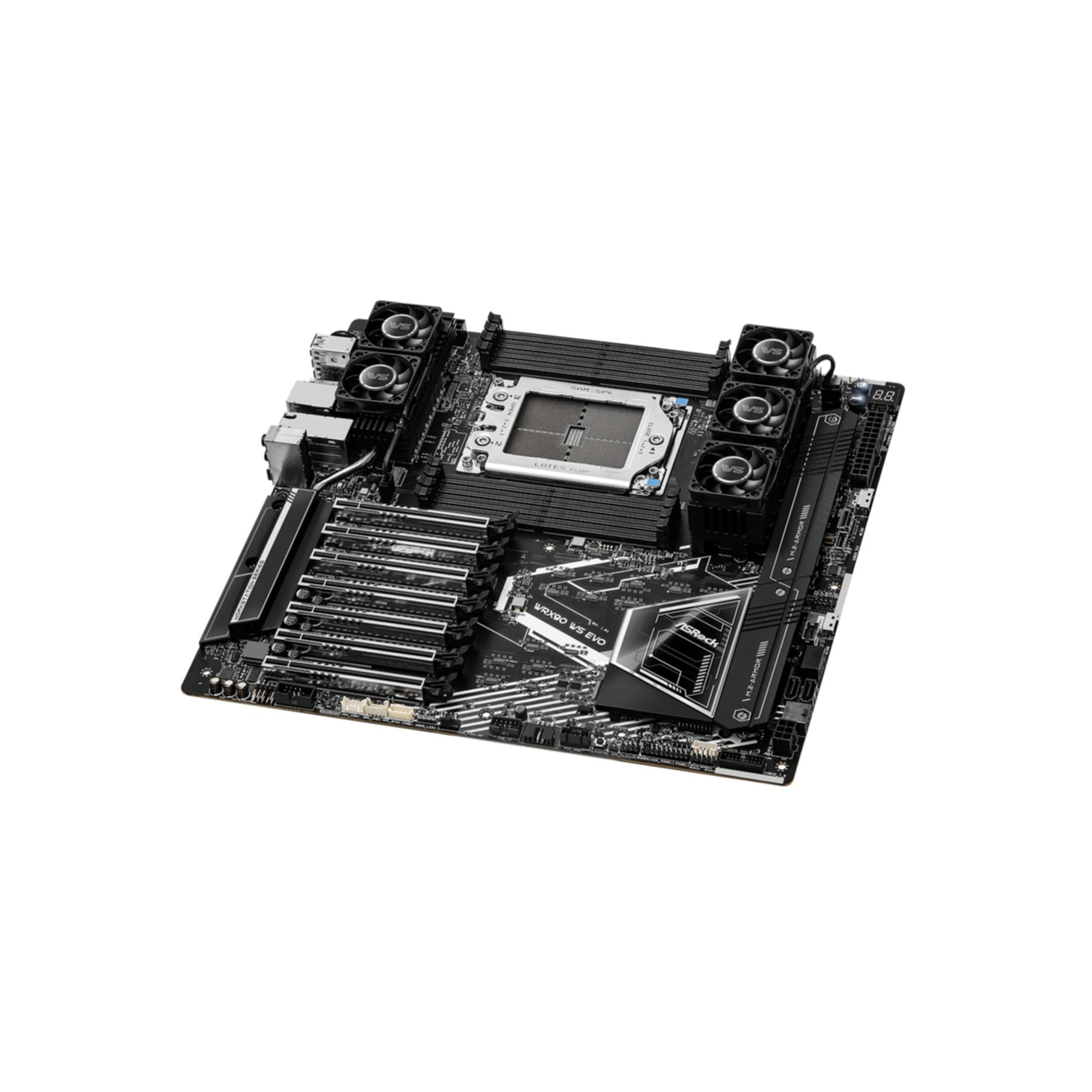 Carte mère noire avec socket CPU, ventilateurs, slots RAM et radiateurs.