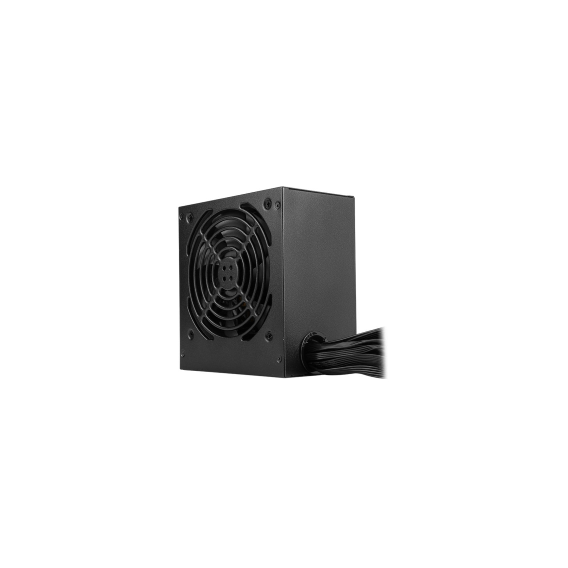 A black power supply unit case with a fan grille and cables.